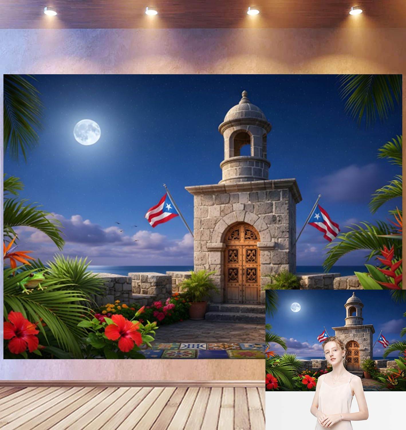 3,6 x 1,8 m Tło Portorykańskie Flagi Strong Coastal Moon Light Kamienna Wieża Kwiat Hibiskusa, Karaibski motyw nocny, akcesoria do studia fotograficznego
