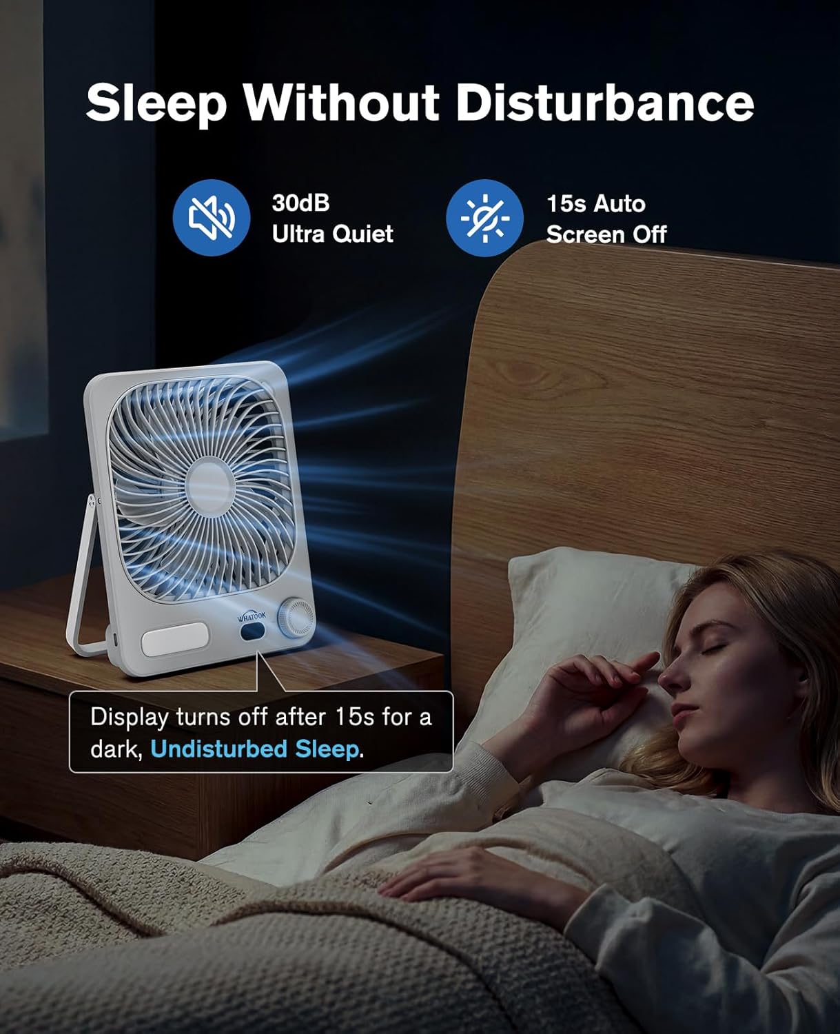 WHATOOK Large Travel Desk Fan with Night Light: 10000mAh Battery 40 Hours Runtime Rechargeable Fans, Quite Personal Portable Fan for Camping Bedroom Office Small Desktop fan (8.3 * 7.1inch White)
