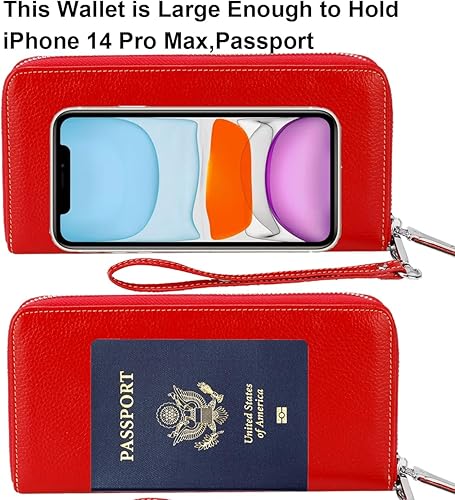 Miniatura 5 de Lavemi Billetera con bloqueo RFID, para mujer, 100% cuero, gran capacidad, con cremallera, soporte para teléfono, bolso de viaje con muñequera