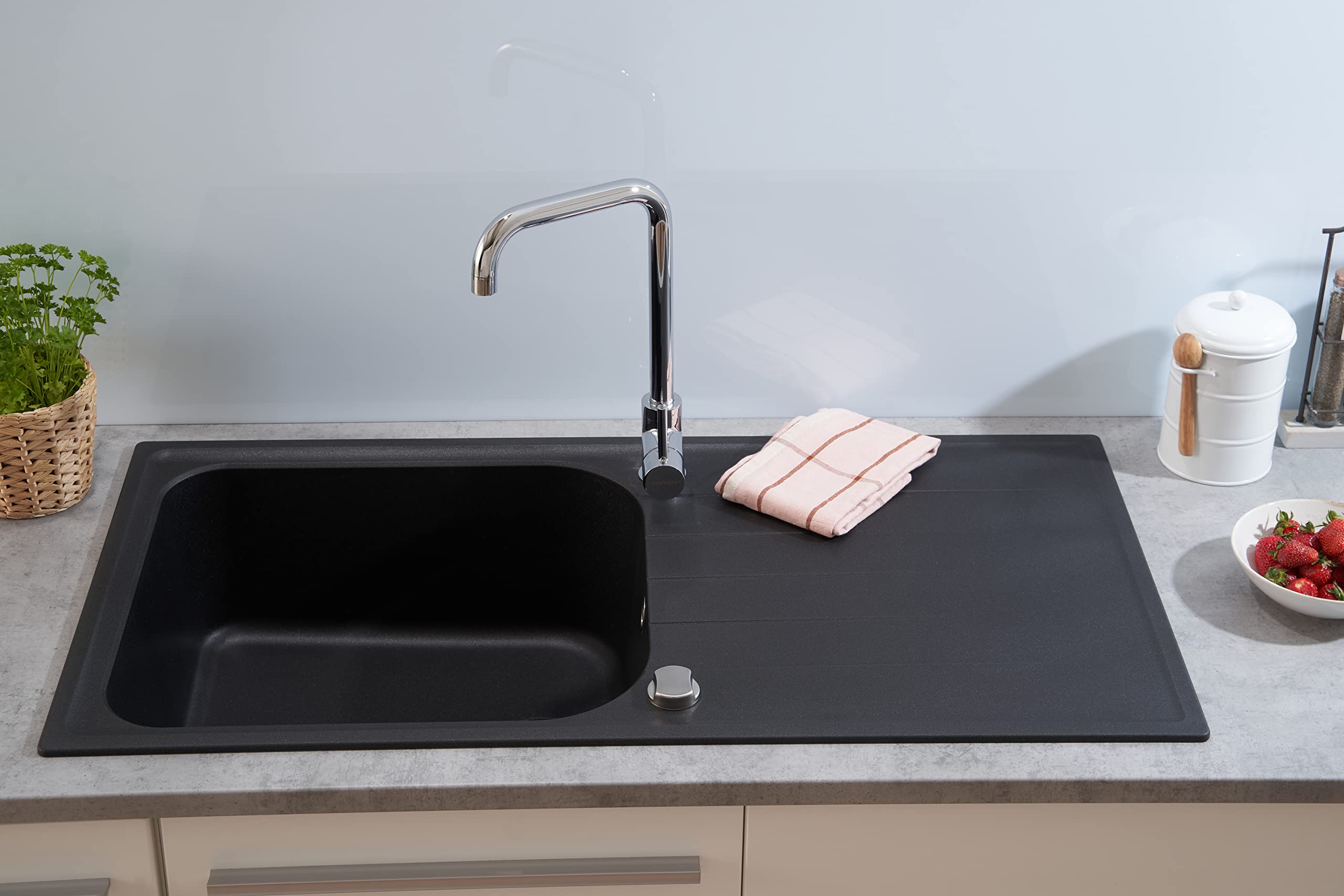 Respekta Lavello da Cucina Orlando in granito color Nero, Lavello da Incasso con 1 vasca, dimensioni 100 x 50 cm, Lavello Adatto per Mobili Sottolavello da 60 cm di Larghezza