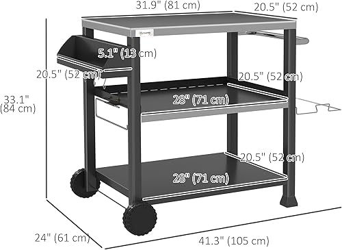 Miniatura 7 de Outsunny Carrito de parrilla de tres estantes para exteriores con mesa de acero inoxidable, mango lateral, soporte multifuncional para horno de