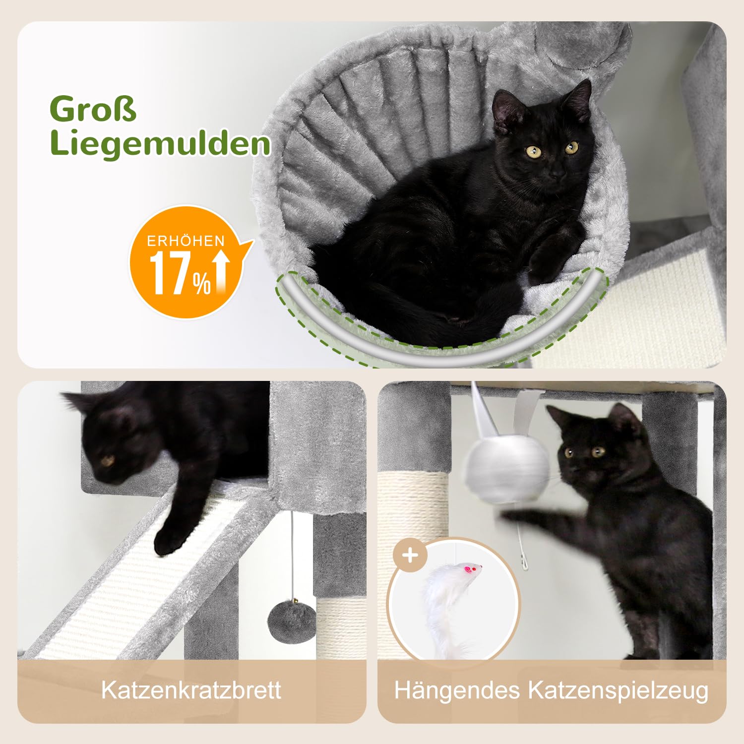 Globlazer Kratzbaum Große Stabil mit 8 cm Dicker Stamm Sisal Katzenhaus Gepolsterte Sitzstangen Korb Kratzrampe Plüsch Spielzeug, Katzenbaum hoch 116 cm für Kitten Groß Katzen (S45, Hellgrau)