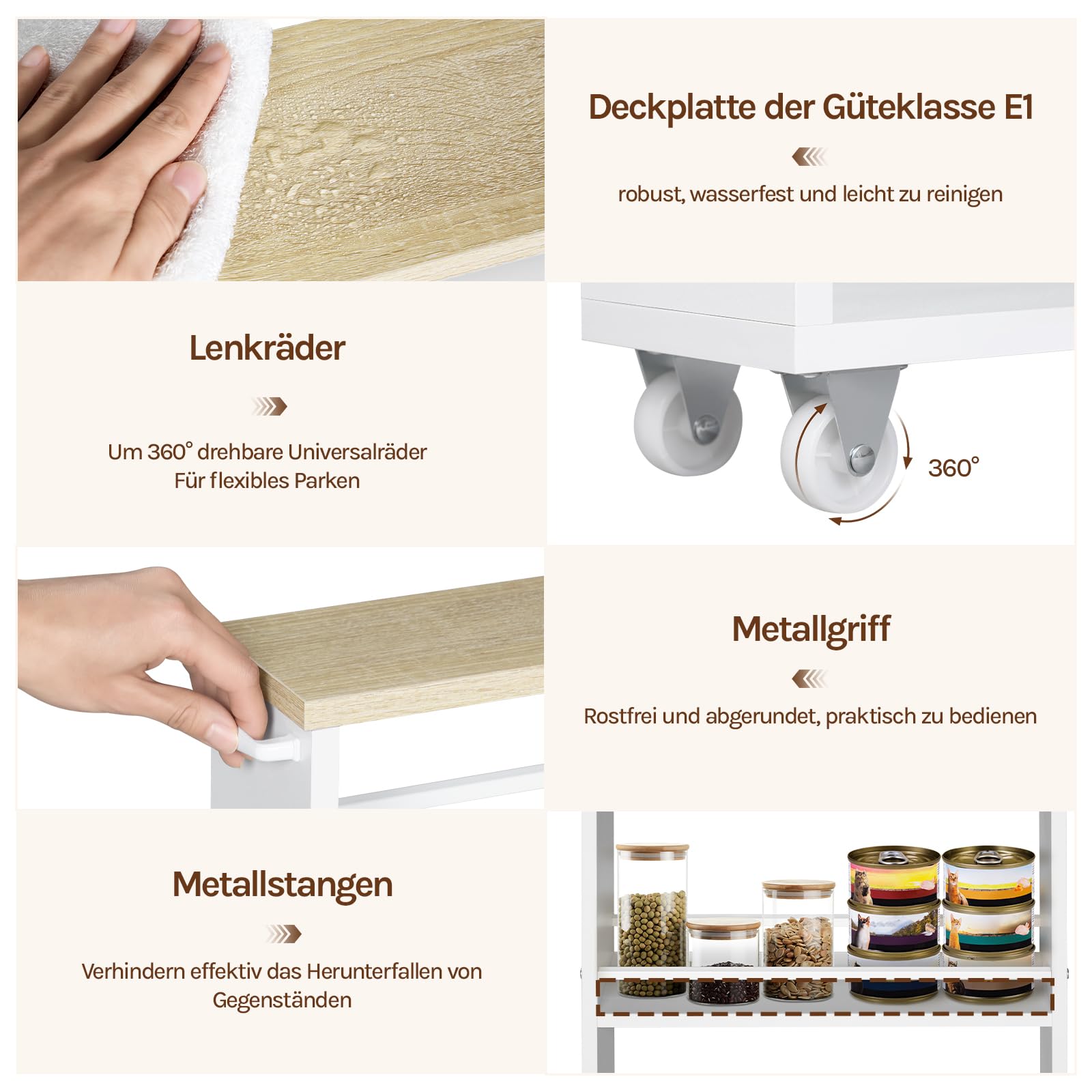 WOLTU Servierwagen mit 3 Ebenen, Küchenwagen mit Rollen Griff Bremsen, Rollwagen Aufbewahrungswagen für Küche Büro Wohnzimmer, 47x80x13 cm, Helle Eiche Weiß