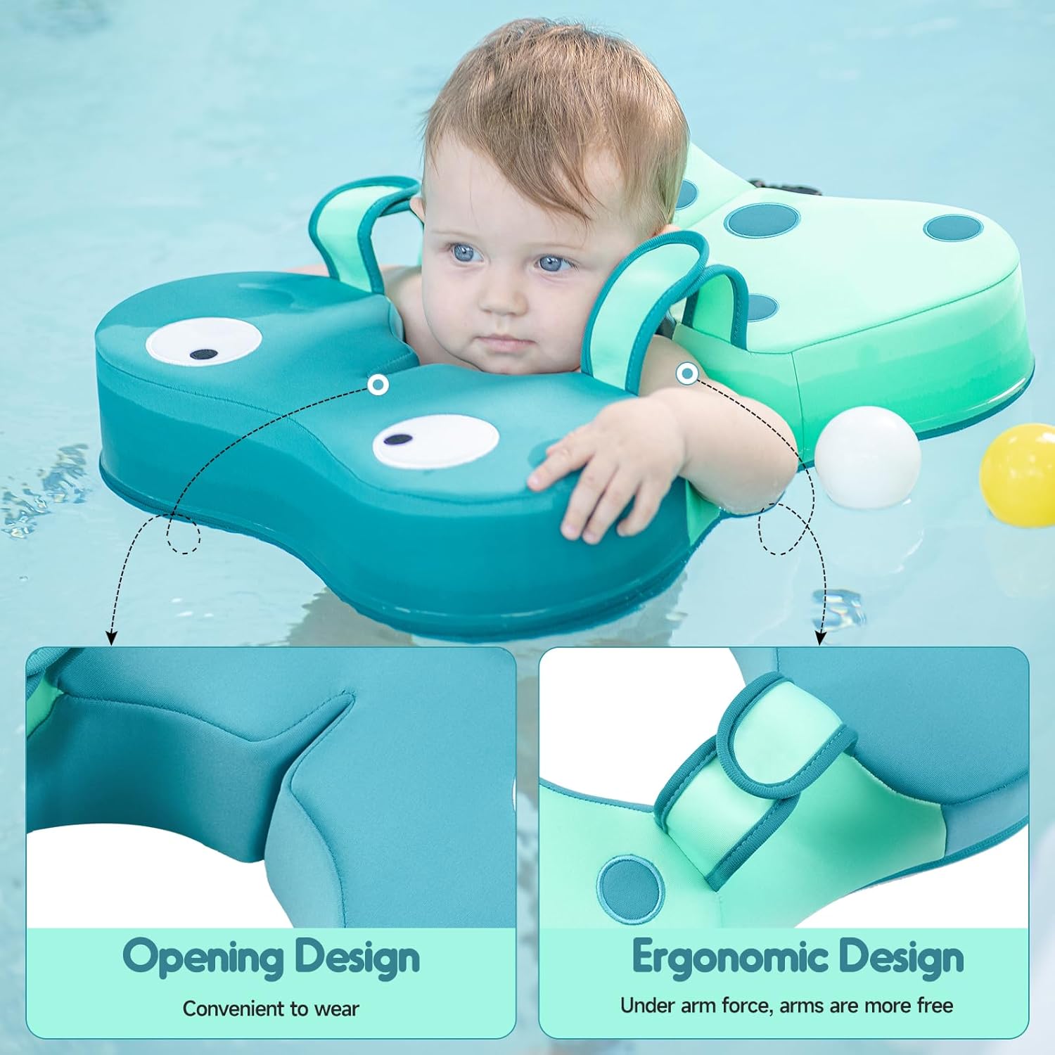 Non Inflatable Baby Pool Float Baby Infant Swim Newborn Pool Floats Swimming Loop Soft Waterproof Swim Ring for Babies Adjustable and Suitable for 6-36 Months,Frog Design,Child Safety