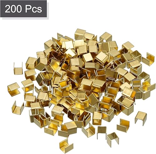 Miniatura 9 de uxcell 200 tapas de crimpado plegables, 0.157 x 0.146 in, puntas de corchete, pinzas de cuero para joyería, manualidades, tono dorado