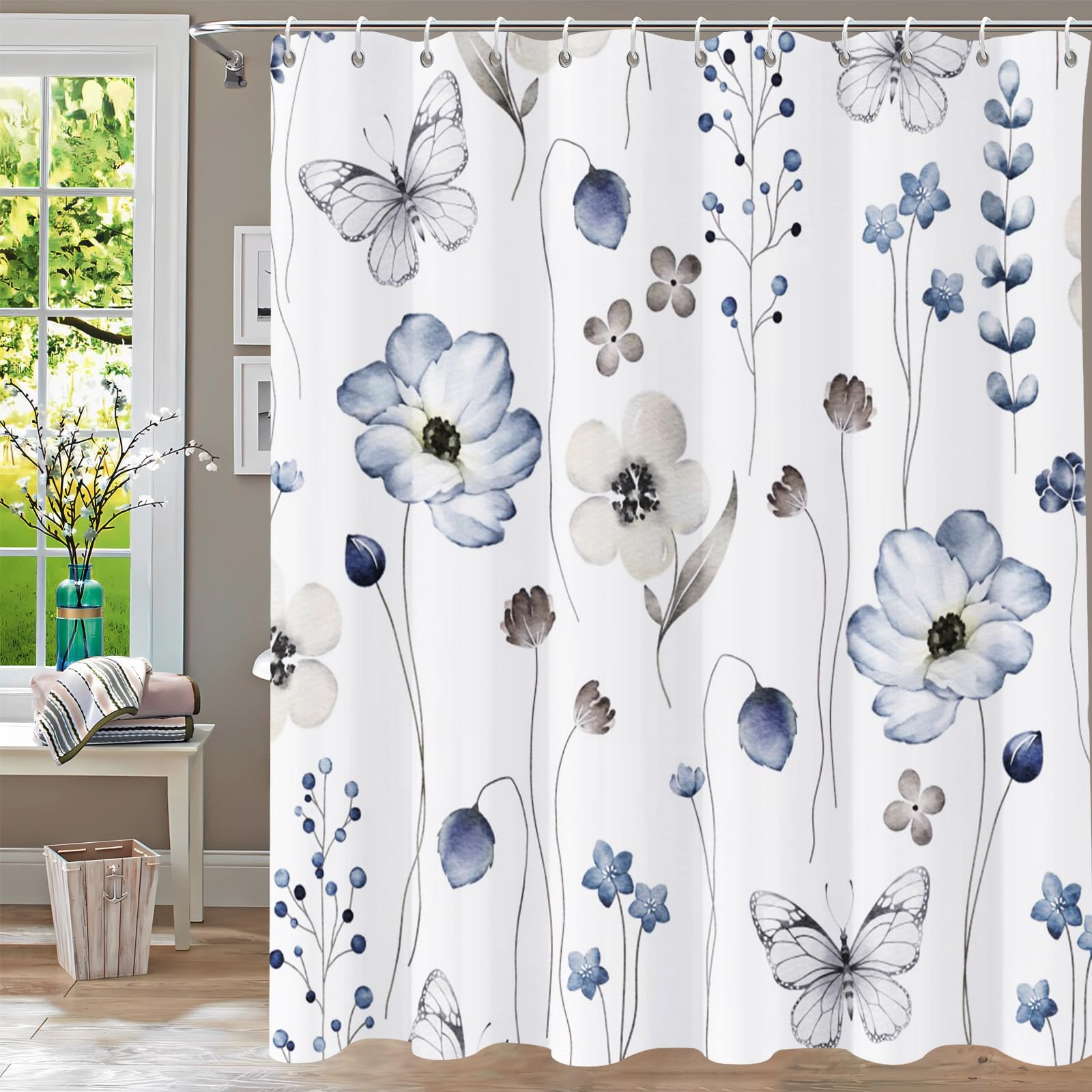 Nulpen Flower_blue Eucalyptus Shower Curtains For Bathroom, Watercolor Leaf Bath Curtain Waterproof Plant Leaves Fabric Cloth With Hooks(120X180cm/Wxh/Flower_blue)