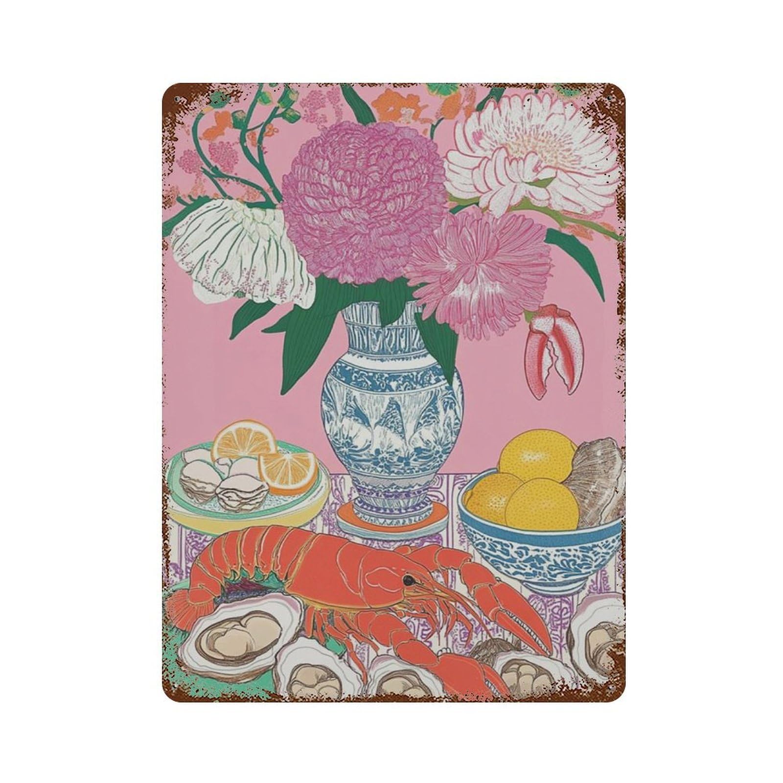 xiaoxiaoshen Lobster Still Life Coastal Kitchen Seafood Oyster Lemon Vibrant Table Scene Wall Decor Art Metal Tin Poster Modern Home Decor Art Home Bar Shop Decorations Vintage Sign 40x30cm