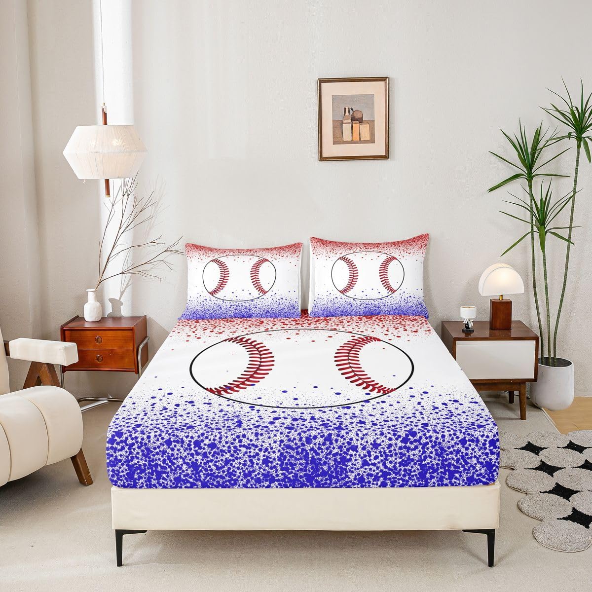 Watercolor Baseball Bed Sheet Twin Size,Red White Blue Graffiti Sheet Set for Kids Boys Teens,Tie Dyed Ball Game Bedding Set,Youth Sports Fitted Sheet + Flat Sheet + 1 Pillowcase Bedroom Decor
