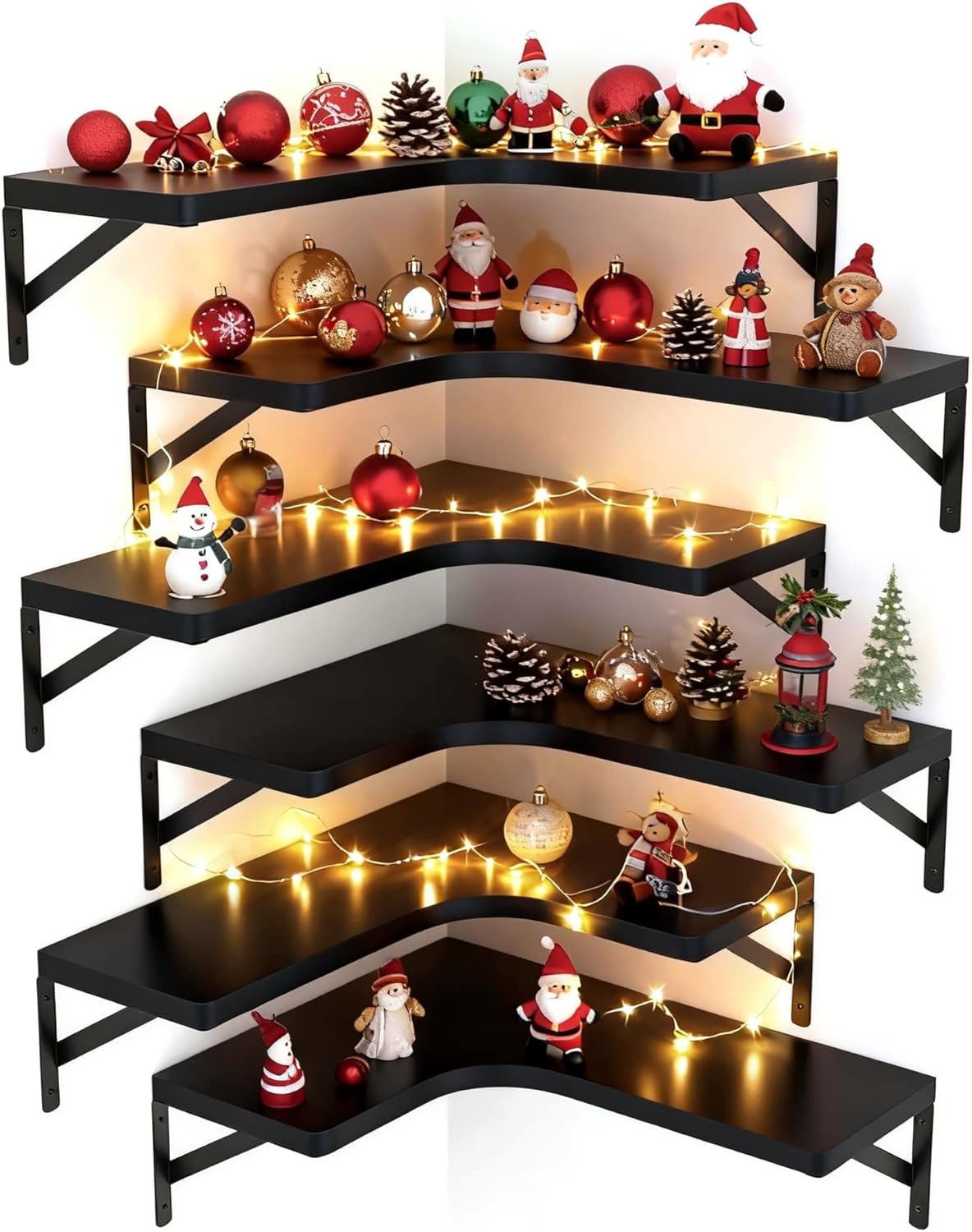 LEOPO Corner Floating Shelves Wall Mounted Set of 6, Corner Wall Shelves Rustic Wood Storage Display for Home Decor, Bedroom, Living Room, Kitchen, Office, Bathroom, Laundry Room, Black