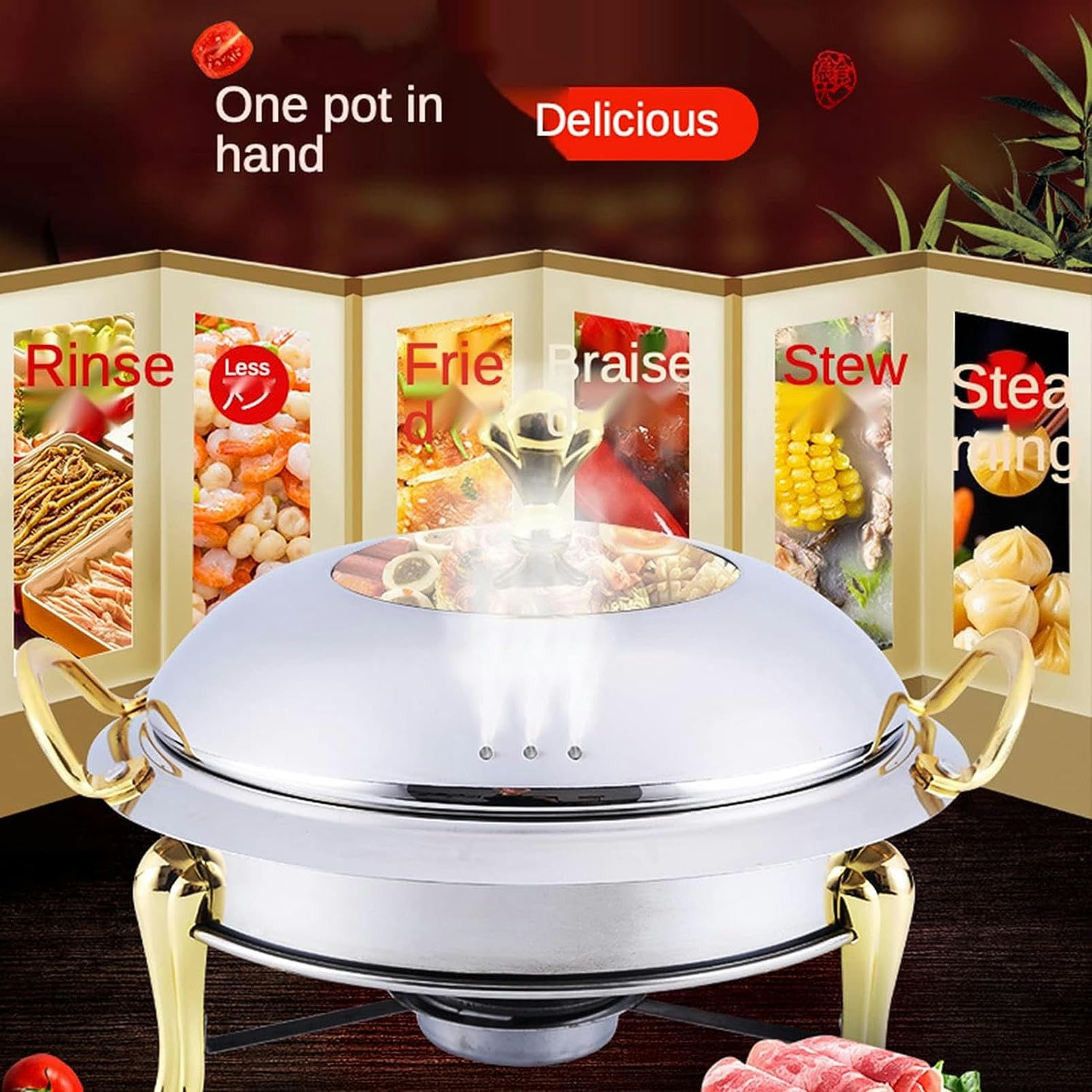 Calentador de Comida para Buffet - Bandeja calentadora de Comida, Buffet Calentador de Comida, Acero Inoxidable con Placa de Vidrio, Juego de ollas Calientes para Catering, Juego de ollas ca
