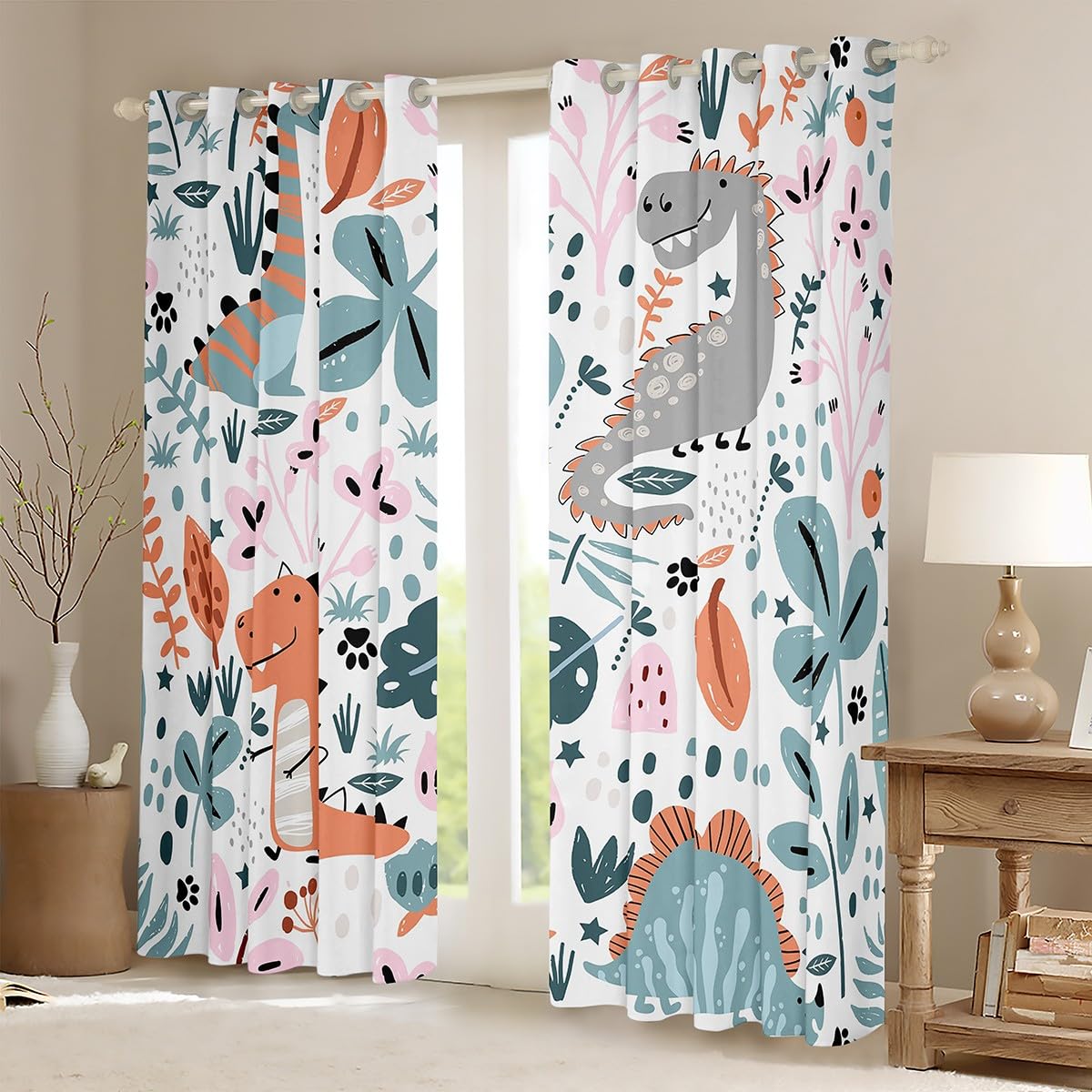 Feelyou Dinosaur Darkening Dreapes (2 Panels, 52 x 63 Inch) Cute Dino Curtains for Bedroom Living Room Kids Boys Decor Jungle Dino Blackout Curtains Wild Animal Window Treatments Floral Botanical