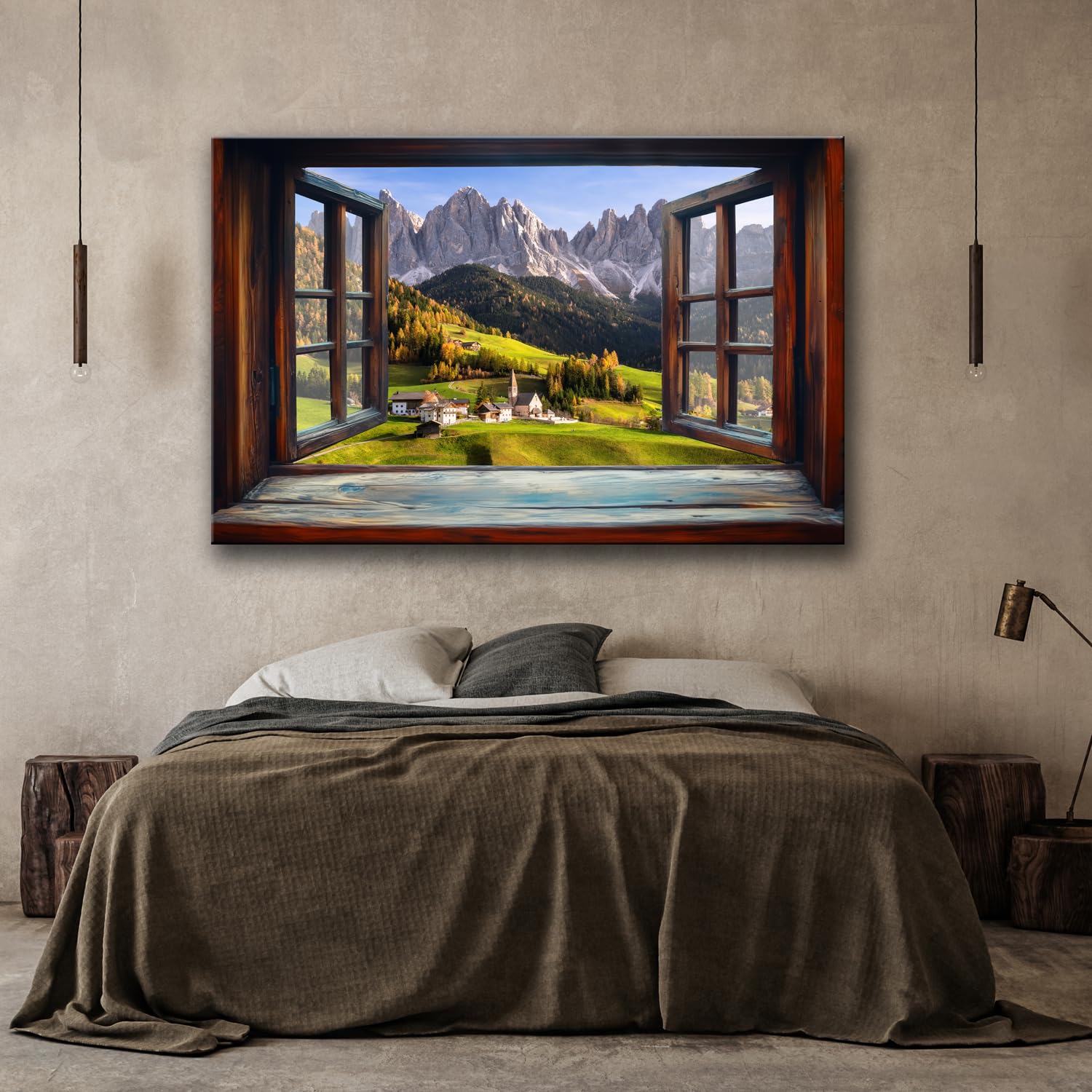 Feeby Leinwand Bilder - Bild Wohnzimmer - Fensterblick Berge Landschaft - 120x80 1tlg - Deko Schlafzimmer Groß - Dekoration Canvas - Gemälde - Modern Wandbilder - Kunstdruck