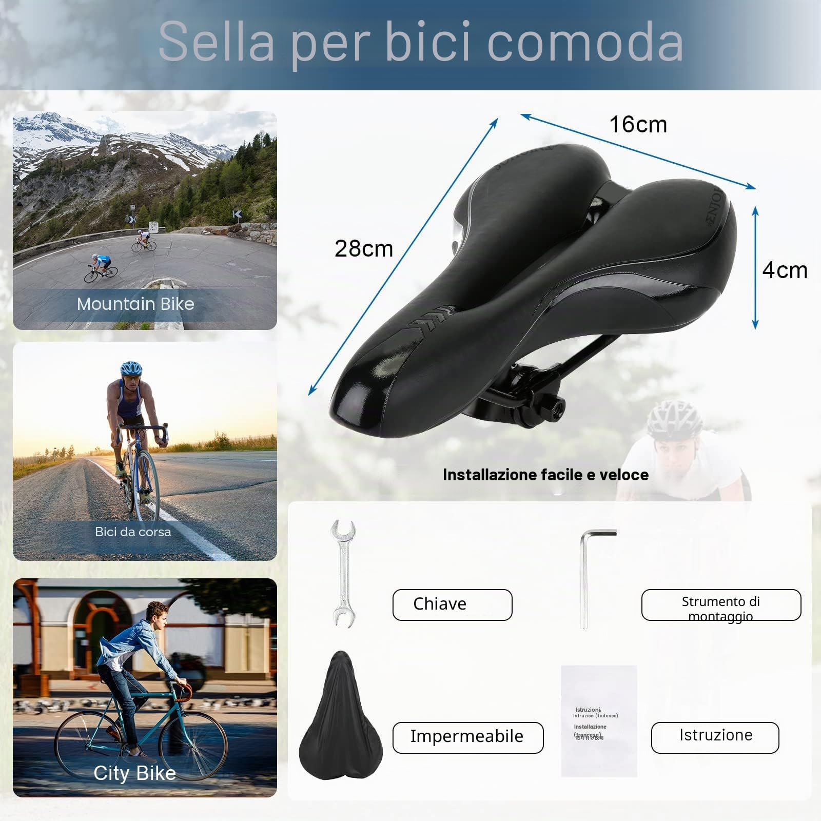 ENJOHOS Sella MTB Antiprostata Comoda, Sella Bici da Corsa Impermeabile, Sellino Bici Morbido Uomo Donna per Mountain Bike, Gravel, da Strada, Pieghevole
