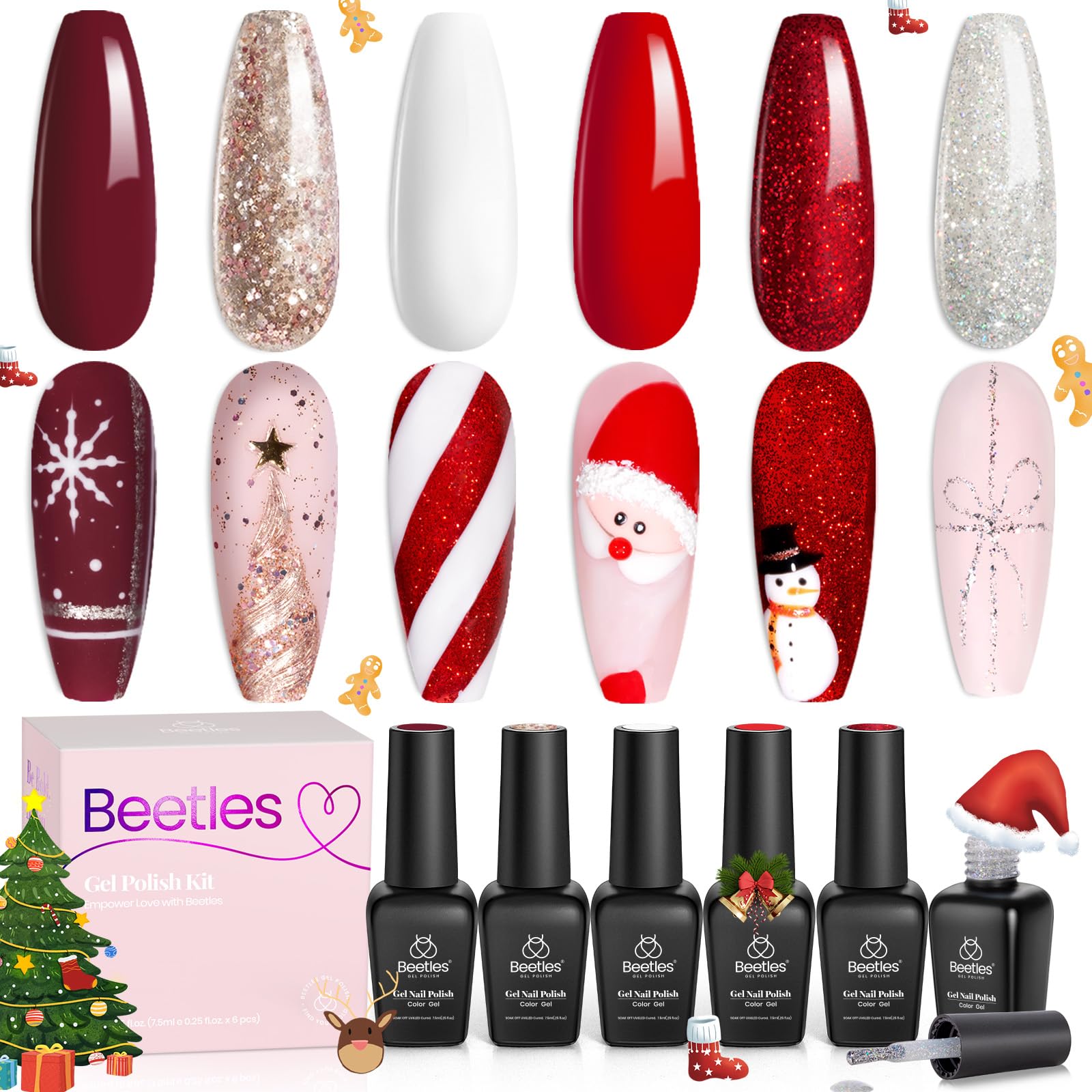 Beetles Christmas Gel Nail Polish – Candy Cane Gel Polish Set, 6 Color Burgundy Red Glitter White Silver Winter Snow Holiday Sparkle Manicure Kit Soak off Uv Nail Art Design Gifts for Women