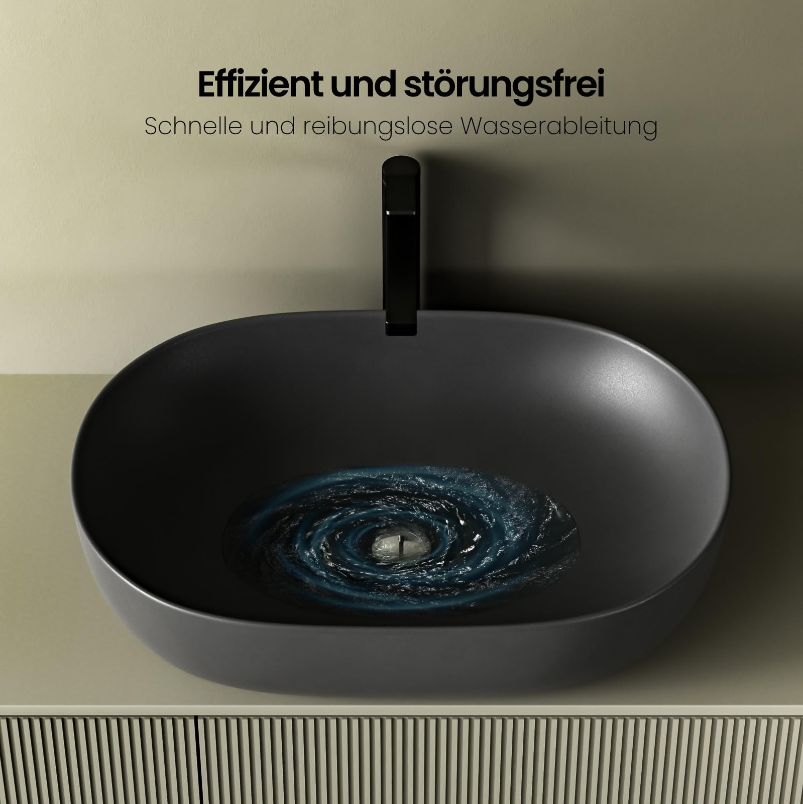 EMKE Lavandino da appoggio ovale 60 x 41 x 13 cm, nero opaco, antigraffio, facile da installare e pulire, lavabo per bagno e WC per ospiti