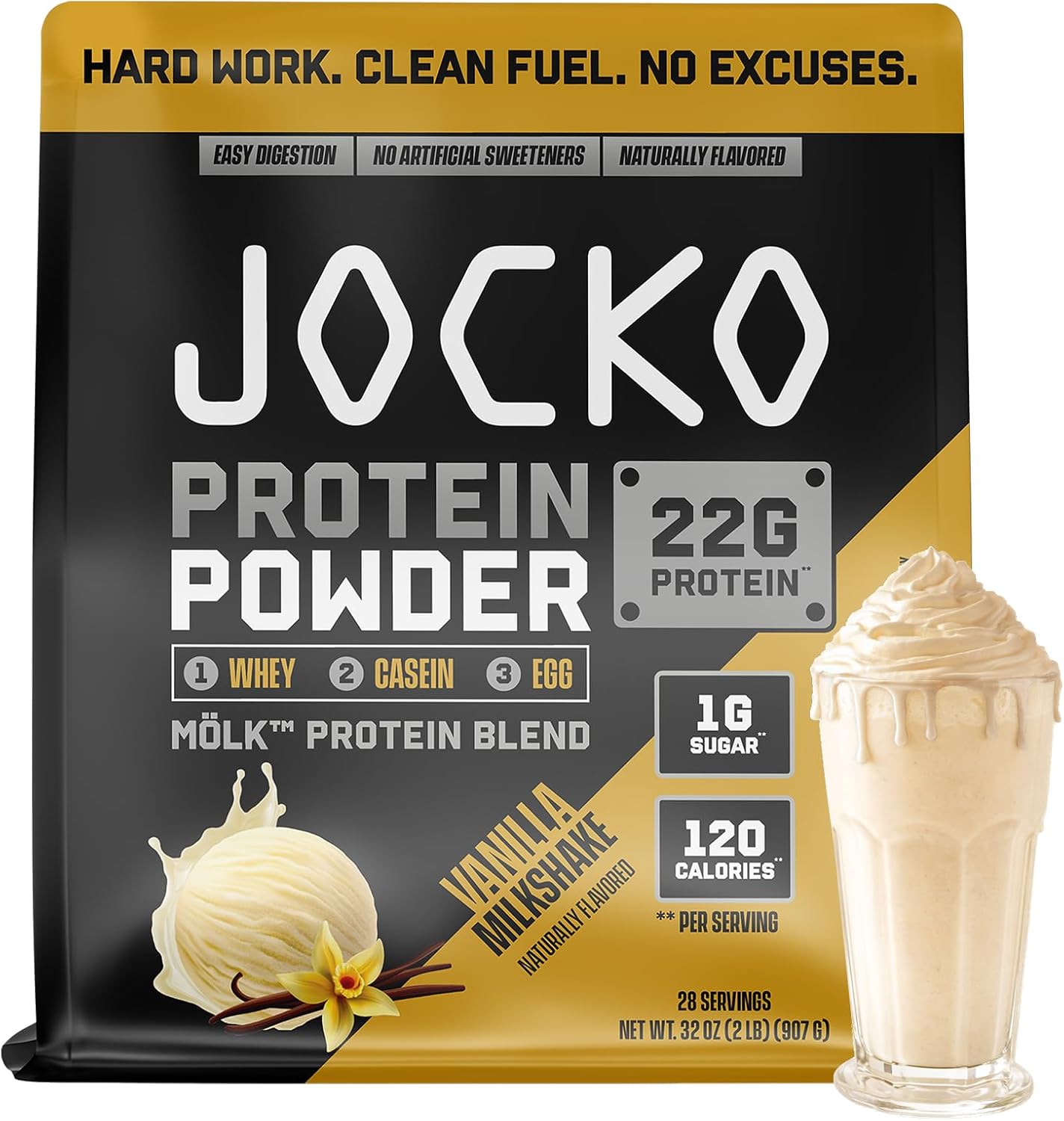 Jocko Fuel Whey Protein Powder, Vanilla Milkshake, 22g Protein, Digestive Enzymes + Probiotic Blend, No Sugar Added, with Essential Amino Acids + Electrolyte Minerals, 28 Servings