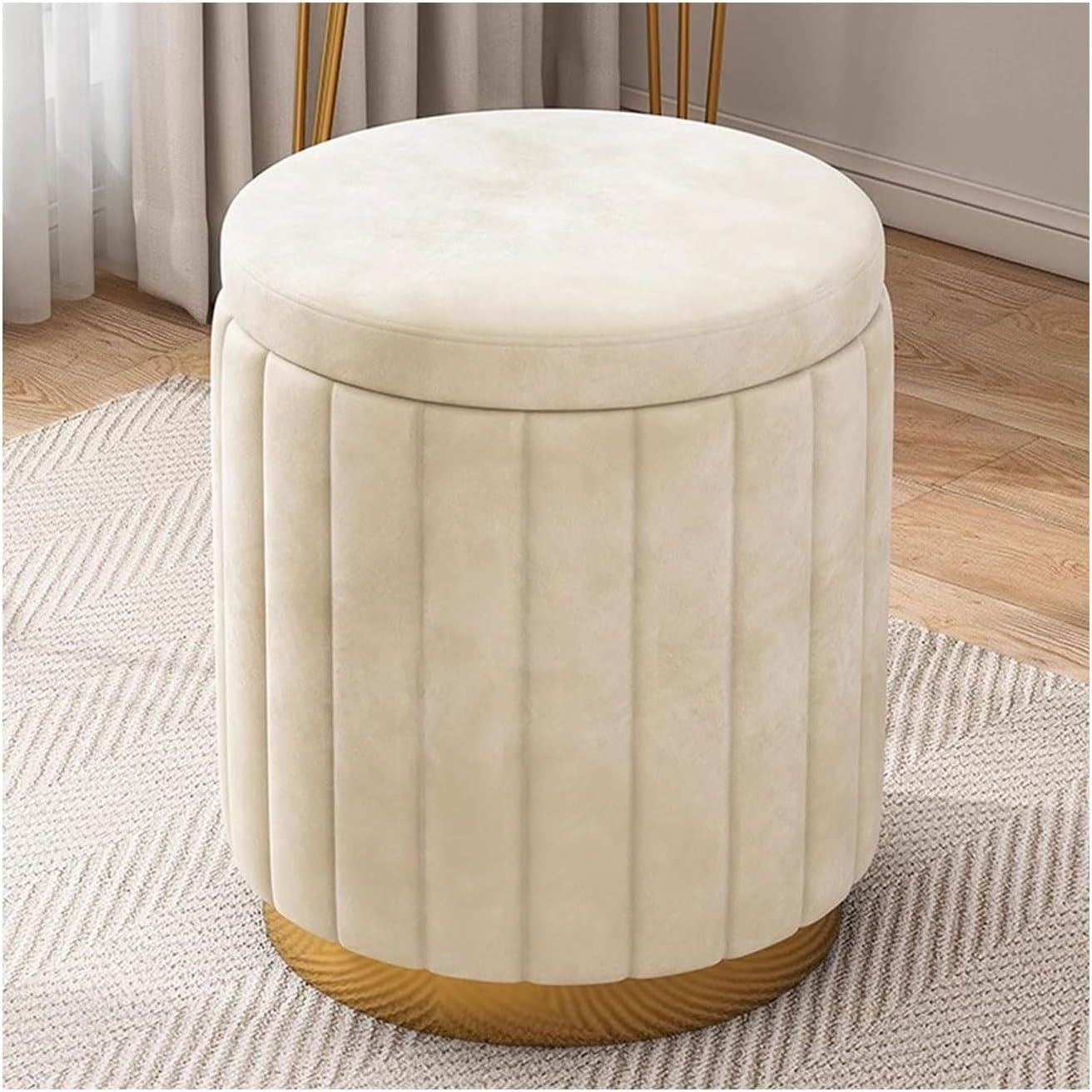 Pouf repose-pieds rond en velours blanc déhoussable avec rangement