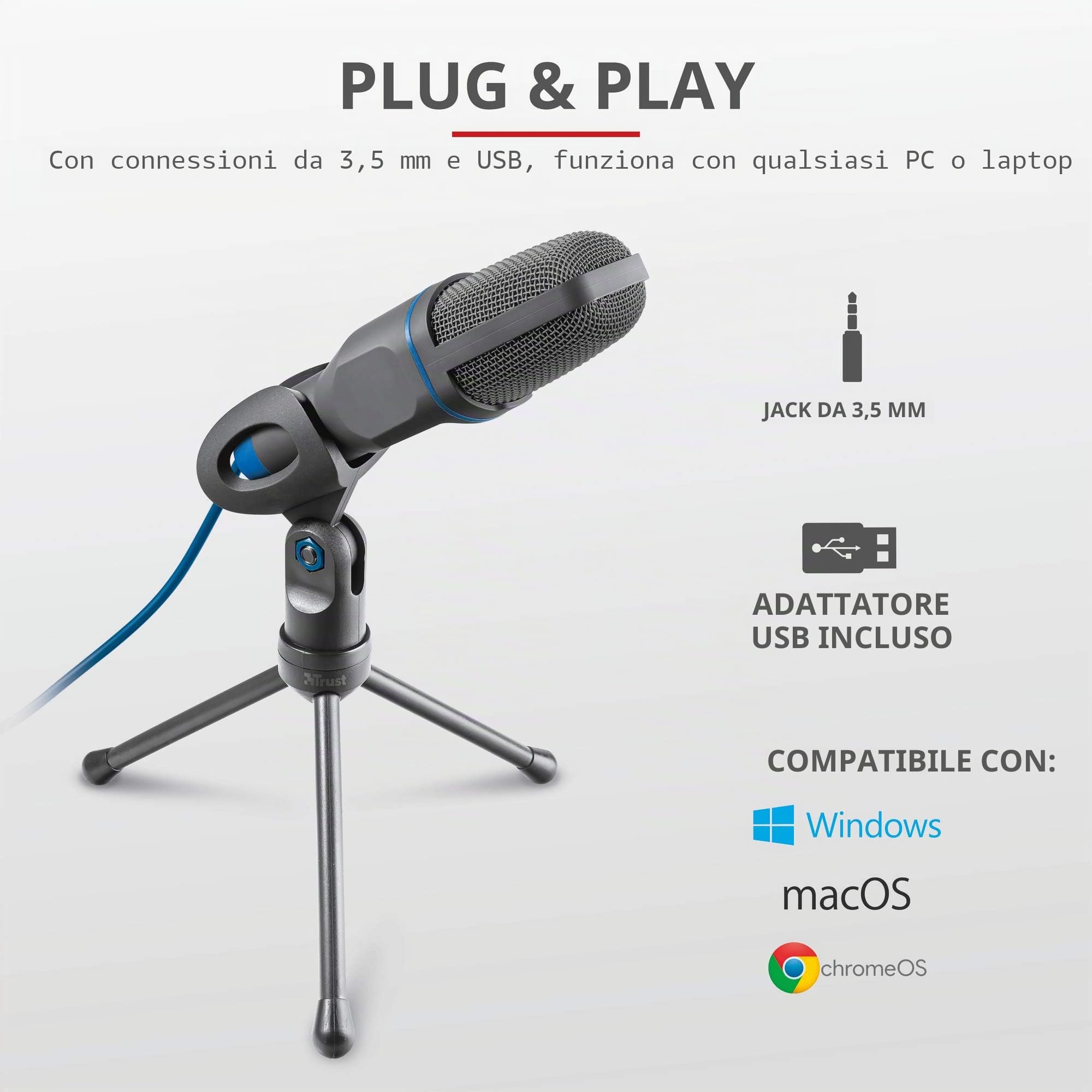 Trust Mico PC Microfono a Condensatore con Supporto, Cavo da 1.80 m, Treppiede, USB Plug & Play, PC/Laptop/Computer, Microfono per Podcasting, Voice, Skype, Teams, Zoom, Twitch, Streaming