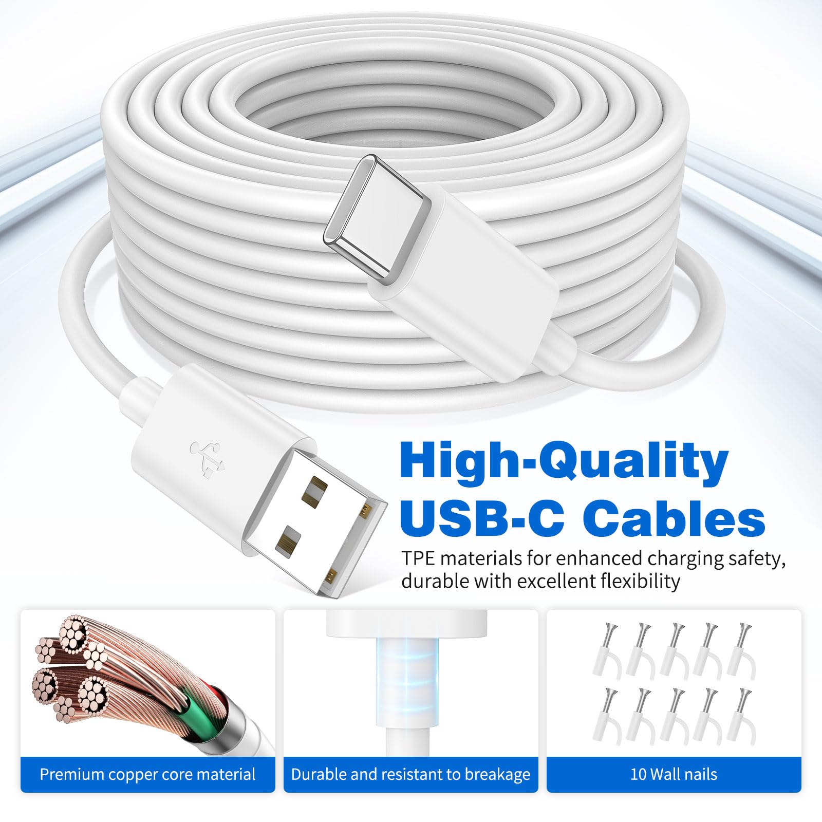 5 m langes Typ-C-Kabel für Überwachungskamera, Outdoor-USBC-Netzkabel, USB auf USB-C-Verlängerungskabel für eufy Indoor-Kamera C220/S330/CCTV-Kamera, 10 Drahtclips, Kabelnägel, Weiß
