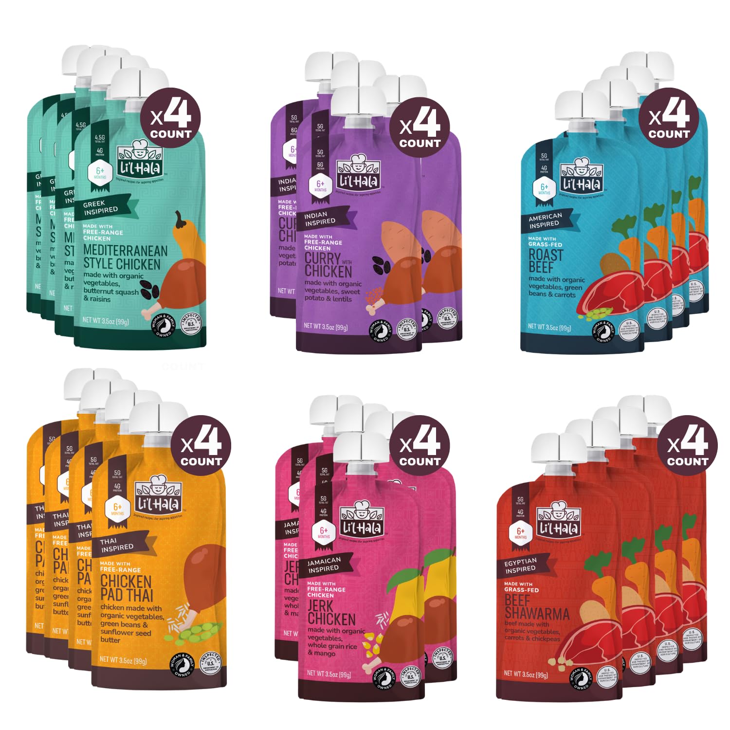 Li'l Hala Baby Food Pouches With Meat & Organic Vegetables Variety Pack, 24 Count