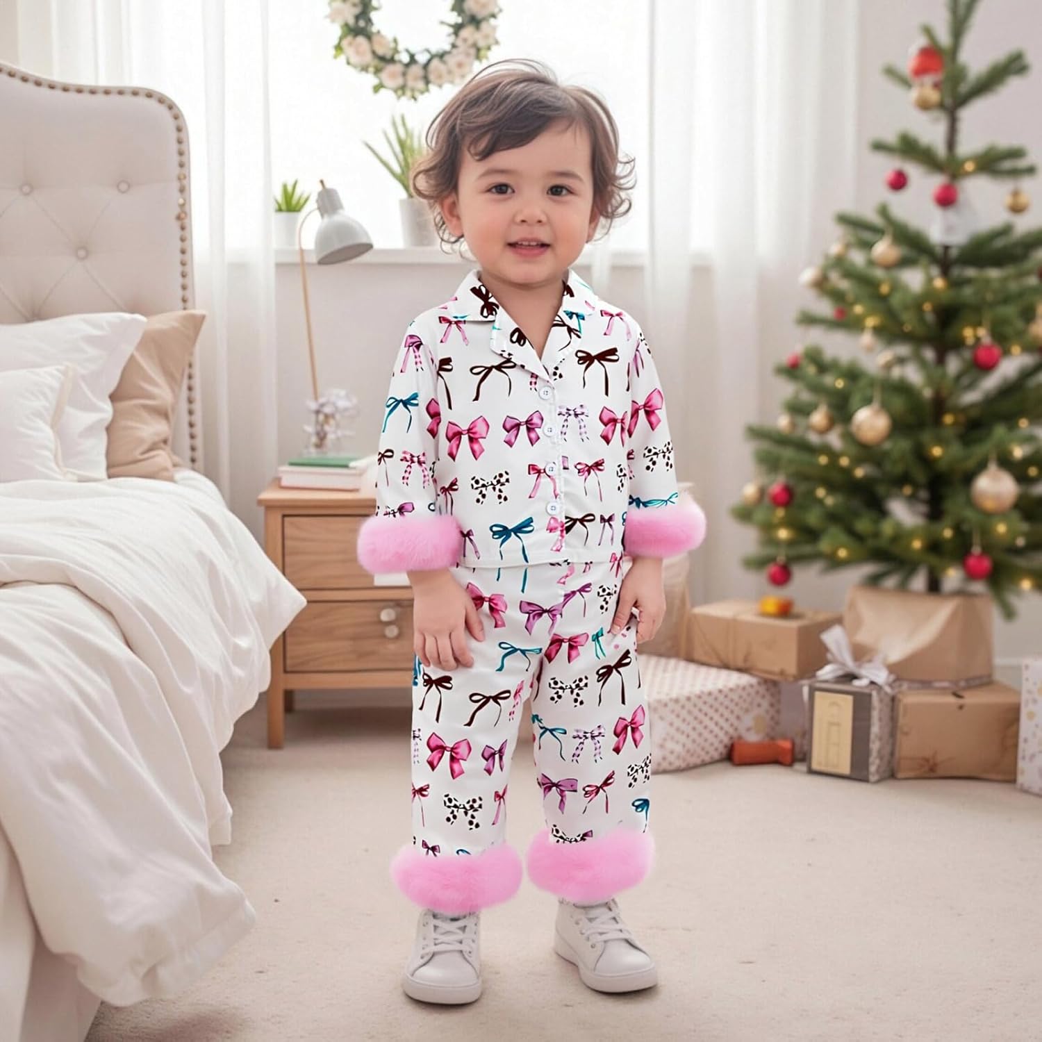 Hnyenmcko Toddler Baby Girl Christmas Satin Pajamas Fuzzy Trim Long Sleeve Santa/Bow Print Button Shirt Pants Kids Pjs Set - Image 2