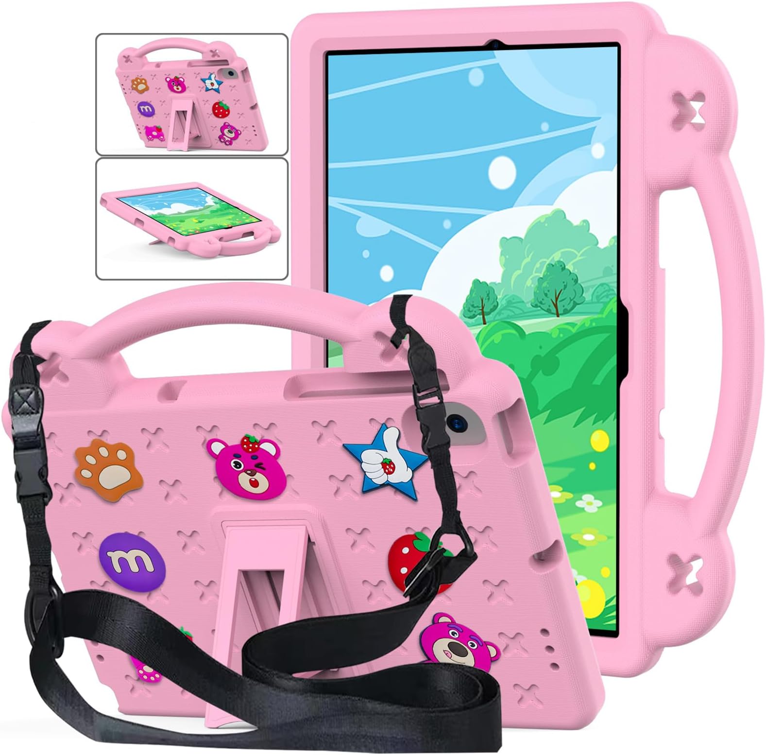 DIY Kids Friendly Case Compatible for Lenovo Tab M10 Plus 3rd Gen 10.6'' 2022 with Handle Stand Shoulder Strap, Shockproof Case for TB-125F/TB-128F, Pink-B
