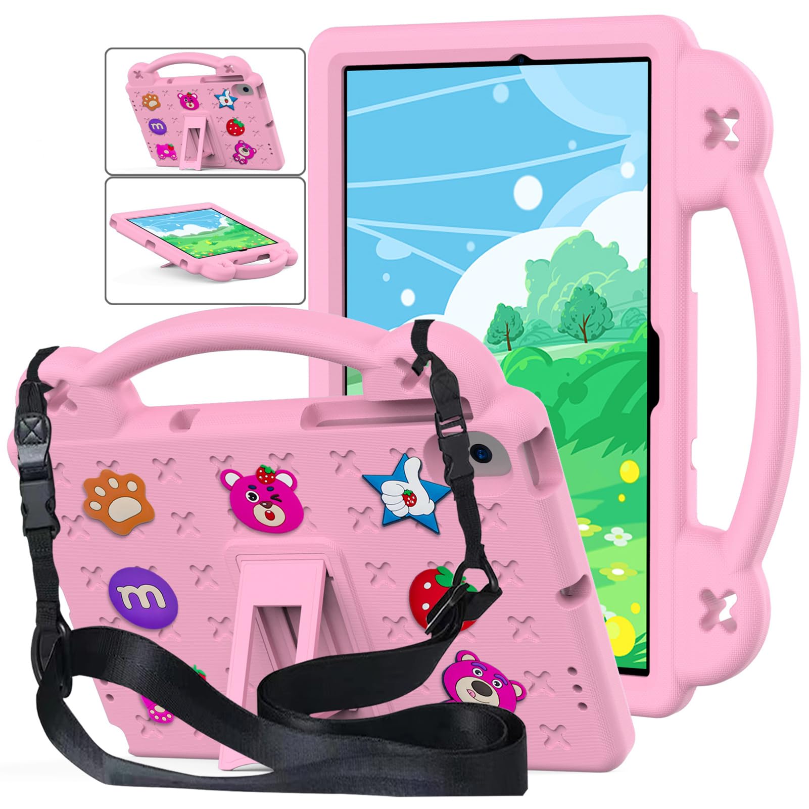 DIY Kids Friendly Case Compatible for Lenovo Tab M10 Plus 3rd Gen 10.6'' 2022 with Handle Stand Shoulder Strap, Shockproof Case for TB-125F/TB-128F, Pink-B