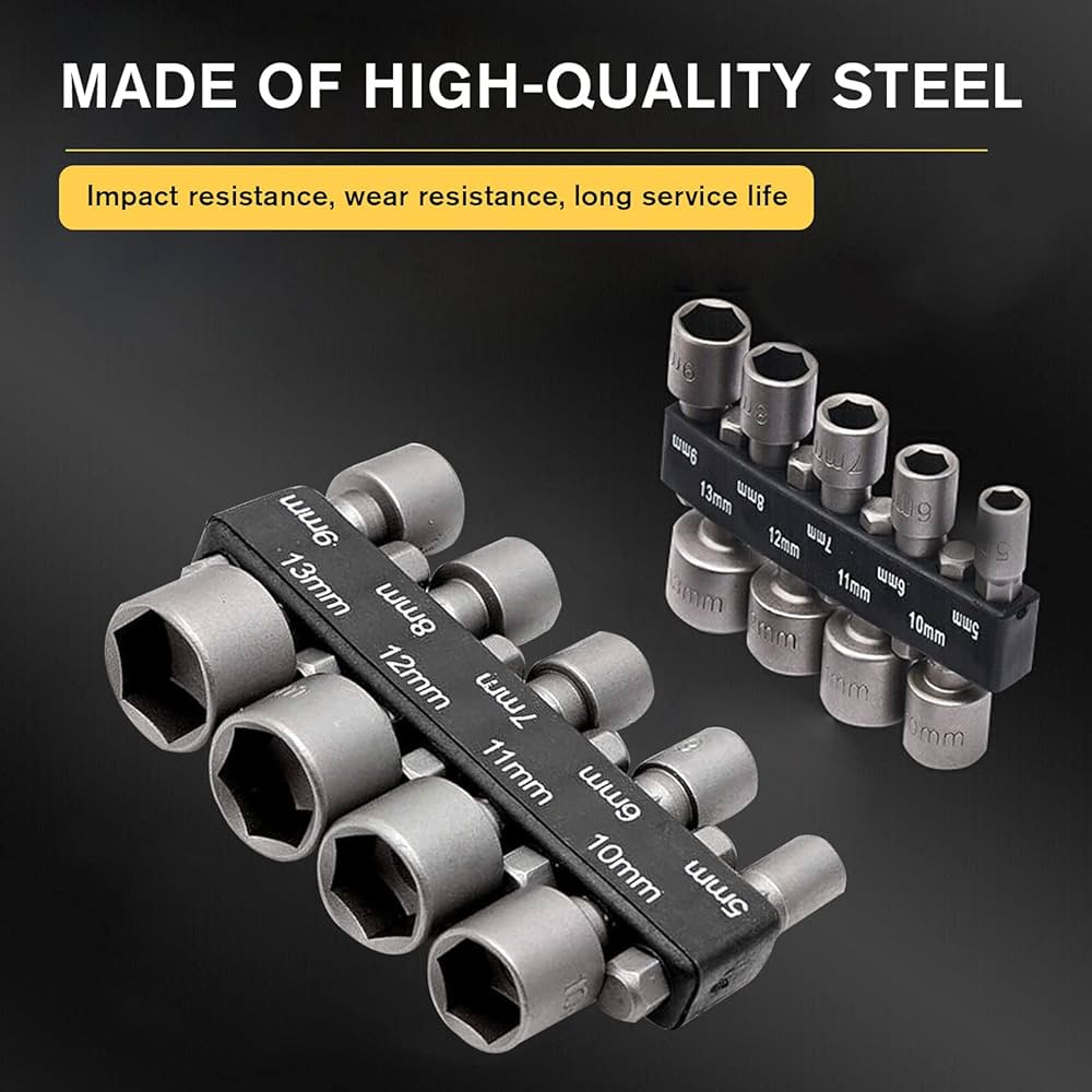 Set 9 Pezzi Bussole Esagonali 1/4'' Per Avvitatore - Da 5 A 13 Mm, Acciaio Vanadio CR-V - Foto 4