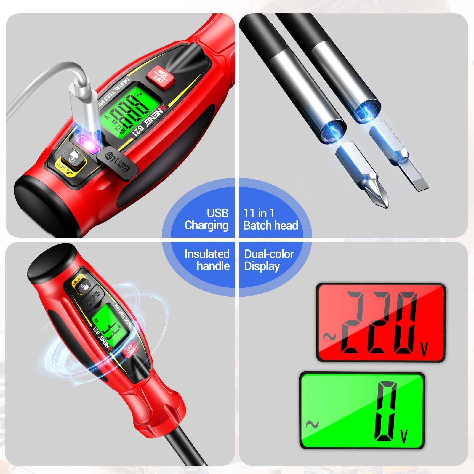 Digital Voltage Tester Pen, Non Contact Voltage Testing Pen Rechargeable AC Voltage 30V -1000V NCV Detection Replaceable 10 in 1 Batch Heads with LED Light (RED) — Amazon image 4
