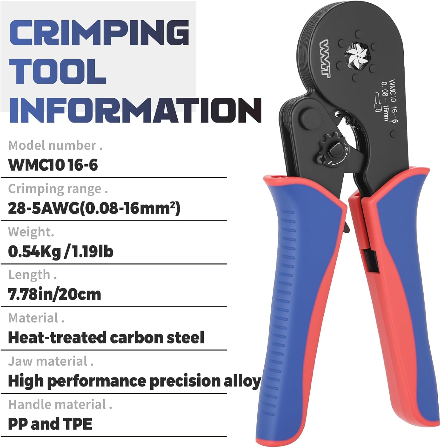 WMT Professional Hexagonal Ratcheting Crimping Tool, WMC10 16-6 Ferrule Crimper Tool used for 0.08-16mm² Cable End Sleeves