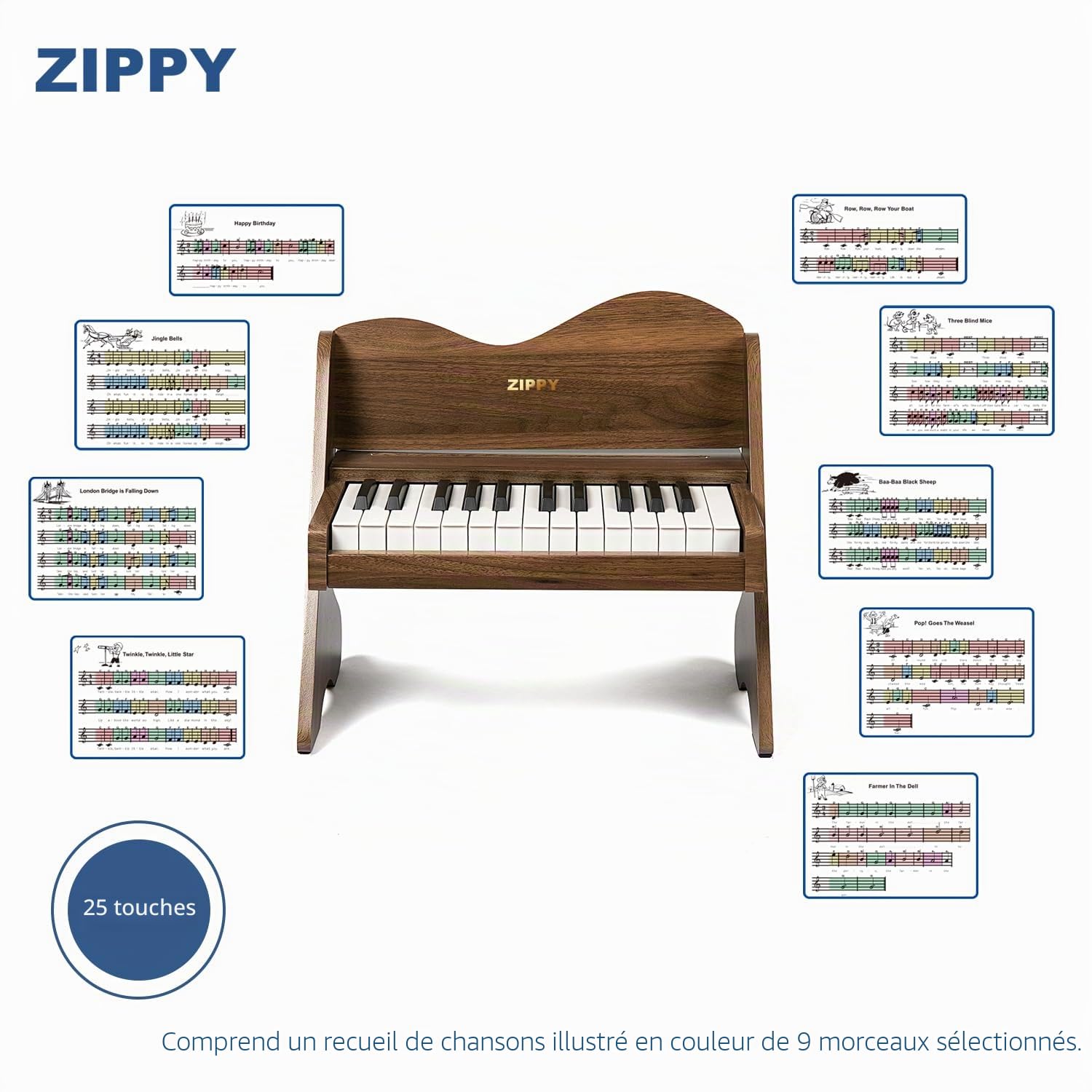 ZIPPY Clavier de Piano pour Enfants, 25 Touches, Volume réglable, Mini Instrument de Musique éducatif, Jouet en Bois pour Tout-Petits, Filles et garçons (Noyer)