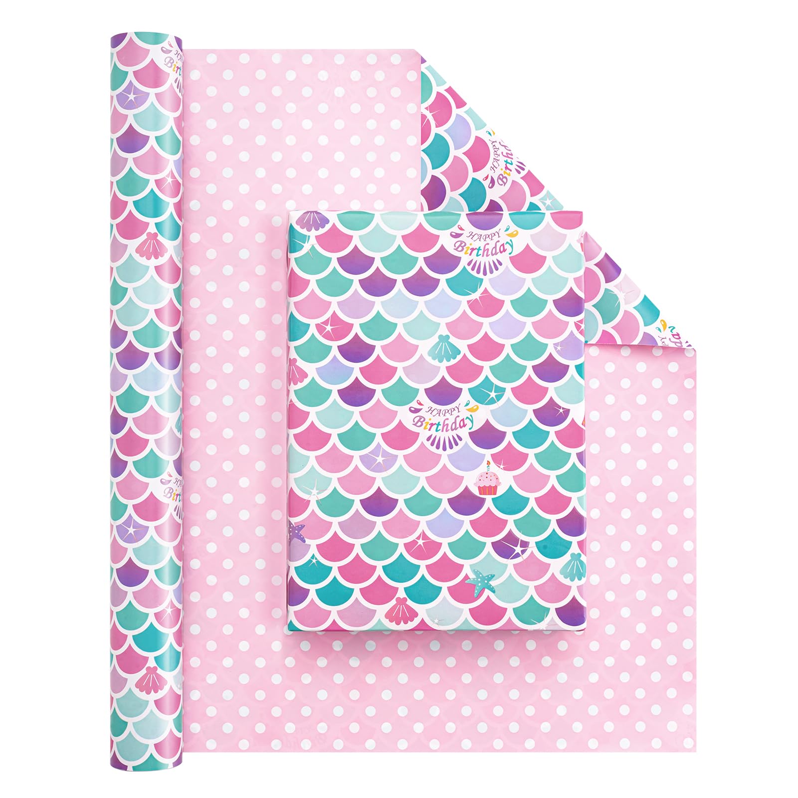 WERNNSAIMermaid Wrapping Paper - 1 Roll 17” x 33 ft Reversible Birthday Wrapping Paper Roll Junbo Roll Mermaid Birthday Gift Wrap Kids Mermaid Party Favor Happy Birthday Wrapping Paper Polka Dot Design