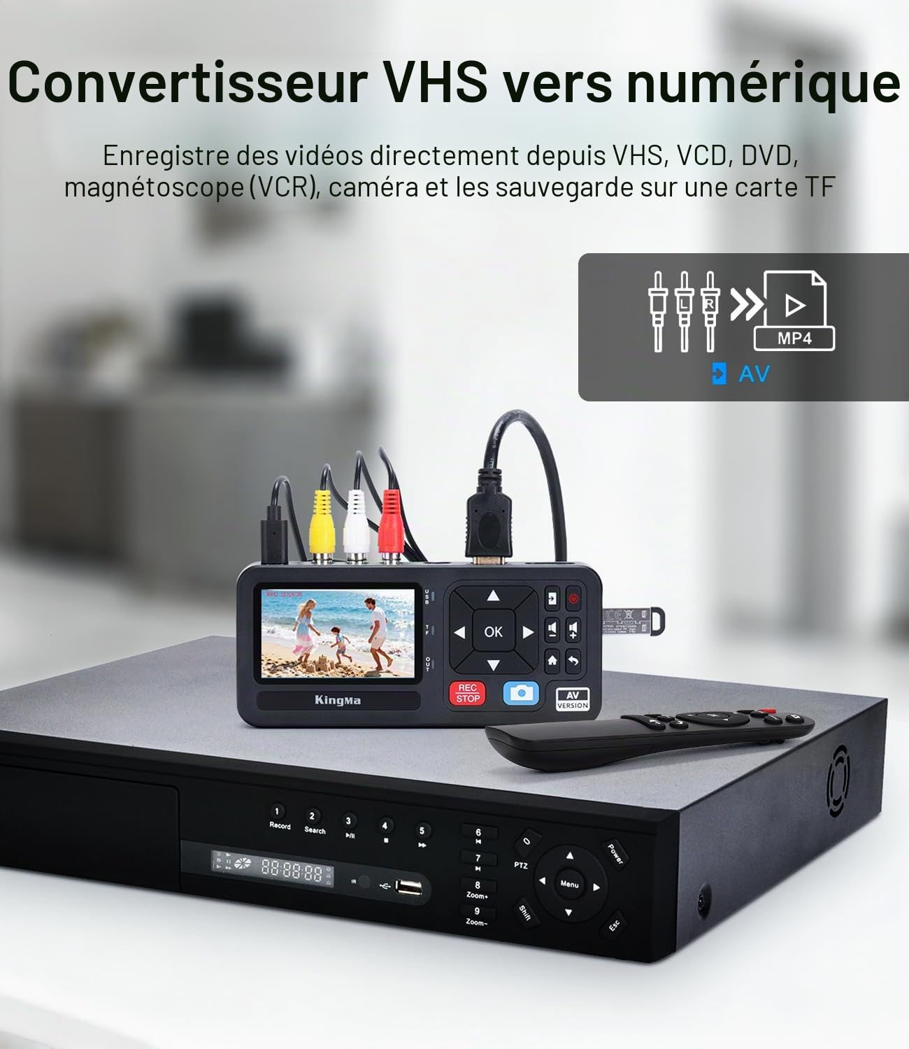 King Ma Numériseur vidéo, avec écran de 3 pouces, résolution 1080P, 30 FPS, conversion numérique de VHS, RCA, VCR, DVD, Hi8, caméras vidéo, jeux, stockage via TF/SD/USB (AV)