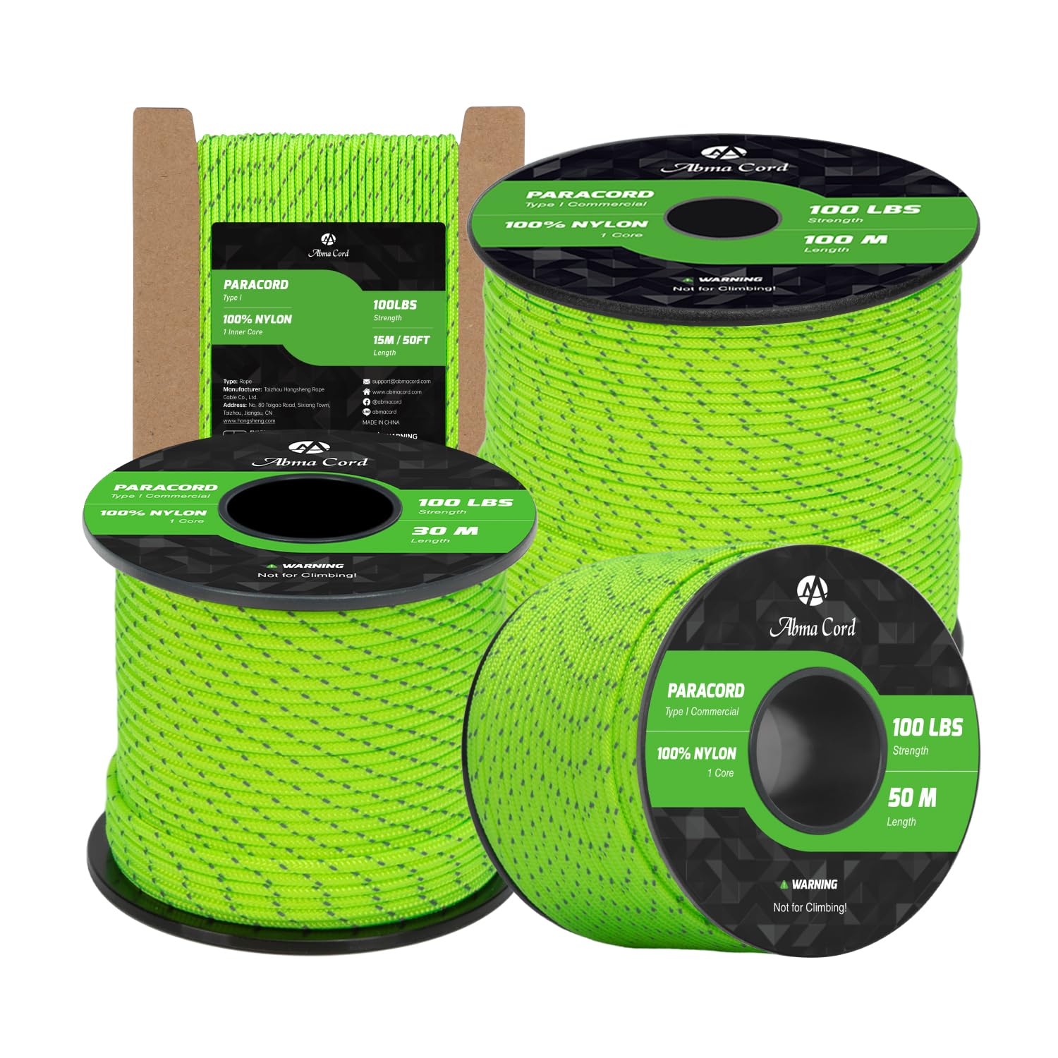 Abma Cord Paracord 2mm 15m 100% Nylon Rope 1 Strand Type I Parachute Cord - Max. 45kg (100lbs) - Reflective Neon Green