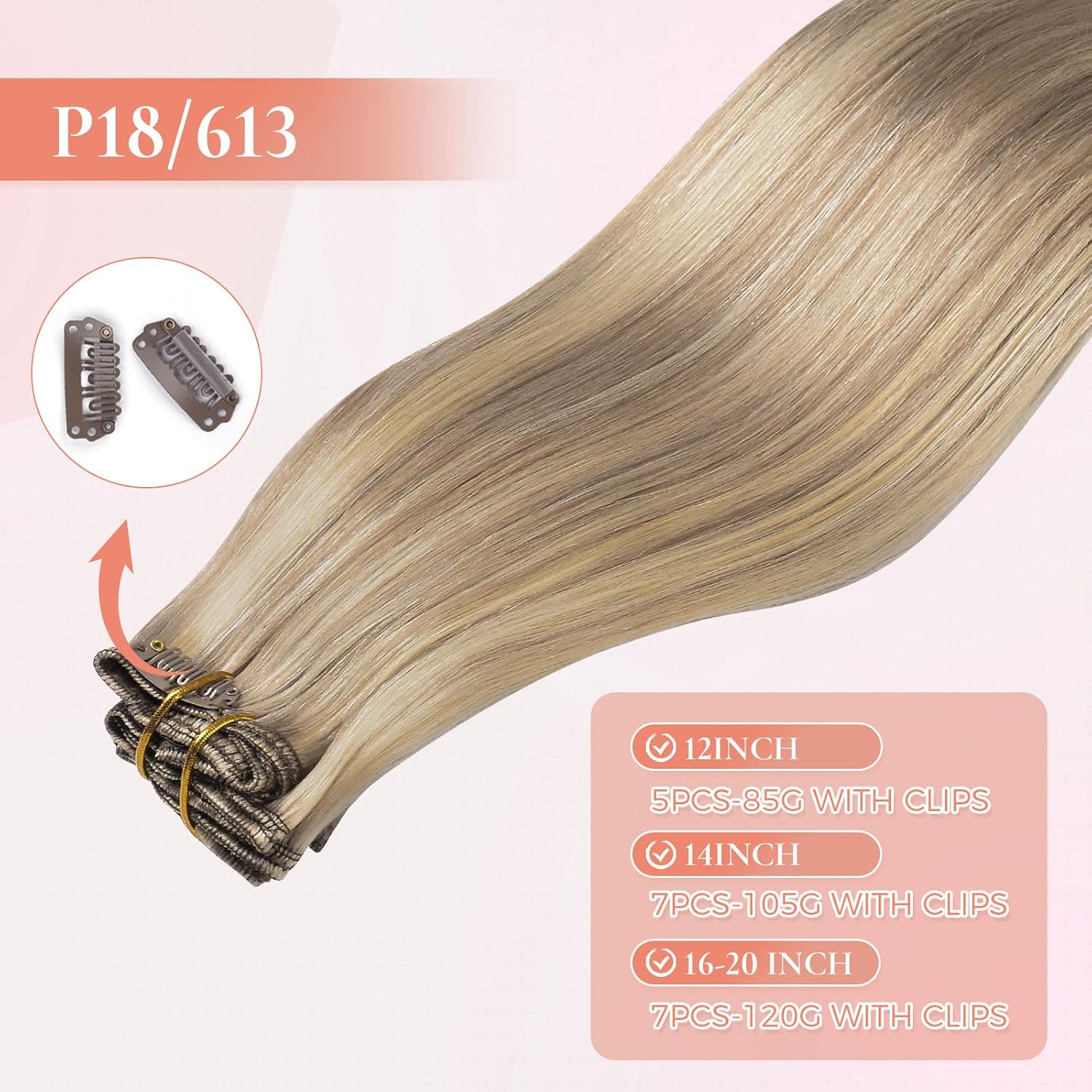 Clip In Hair Extensions Real Human Hair Ash Blonde Mix Bleach Blonde 5pcs 85g 12inch