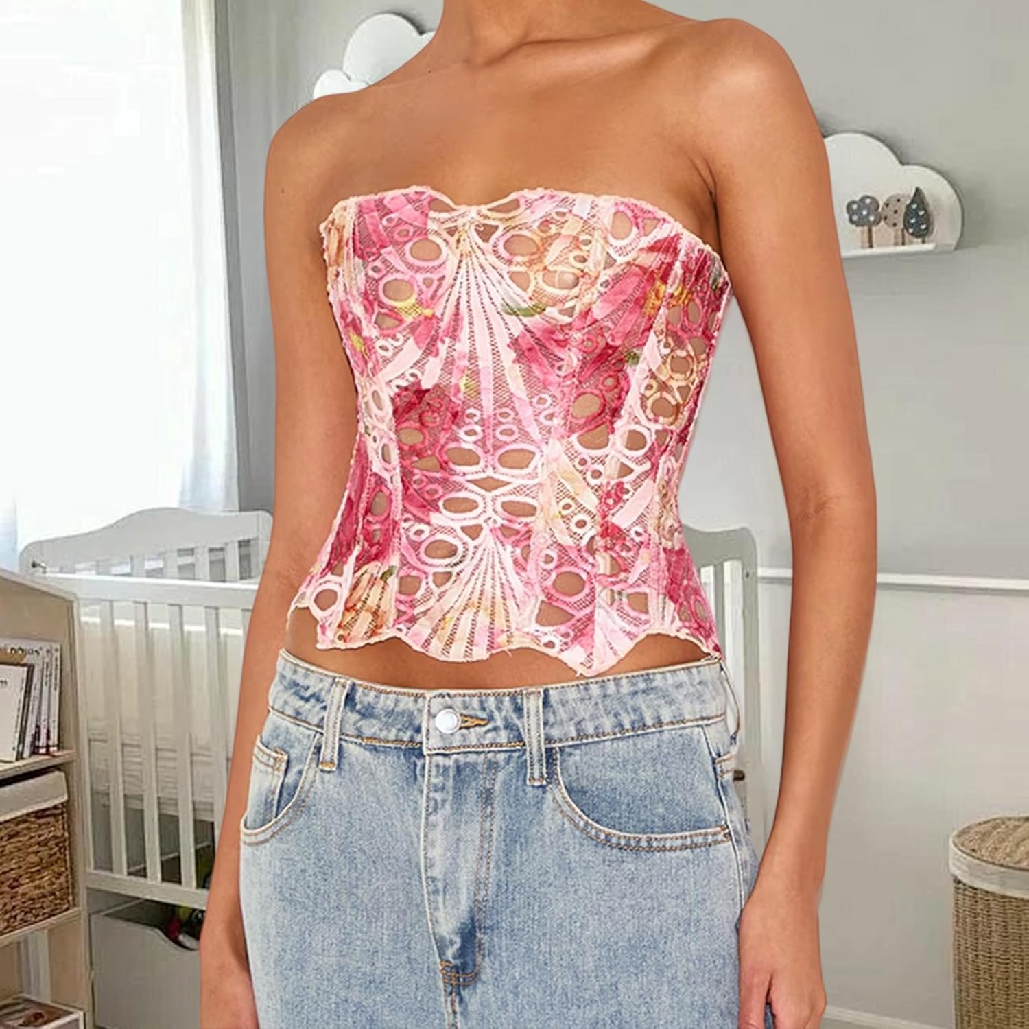 Women Bustier Tube Tops Irregular Cutout Tie up Backless Off-Shoulder Bandeau Vest Backless Shirts - Image 3