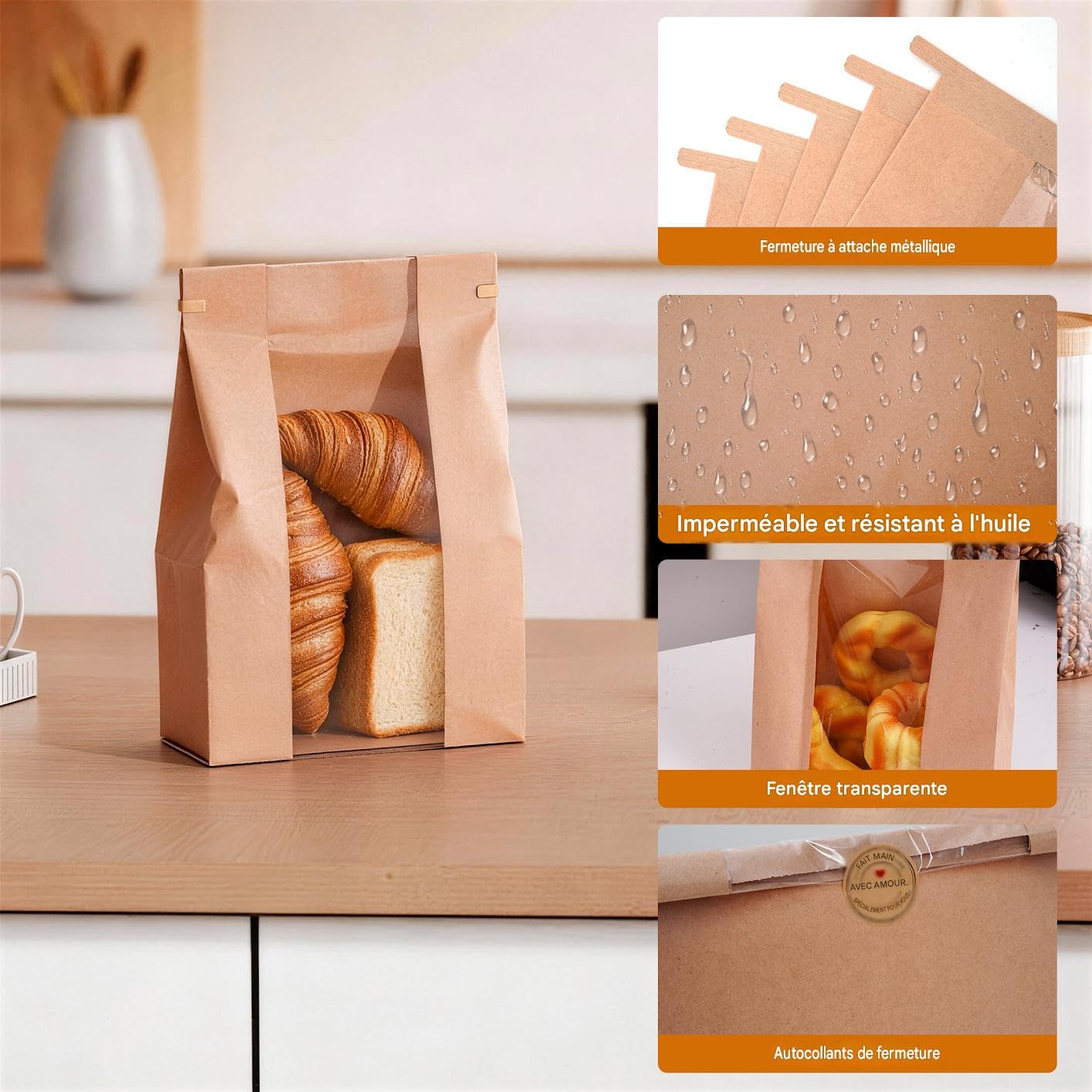 100 Lot Sacs à Pain en Papier Kraft avec Fenêtre Transparente, Grands Sacs de boulangerie 35x9x21cm avec Fermeture à Cravate en Étain et Autocollants pour Pain, biscuits, Friandises