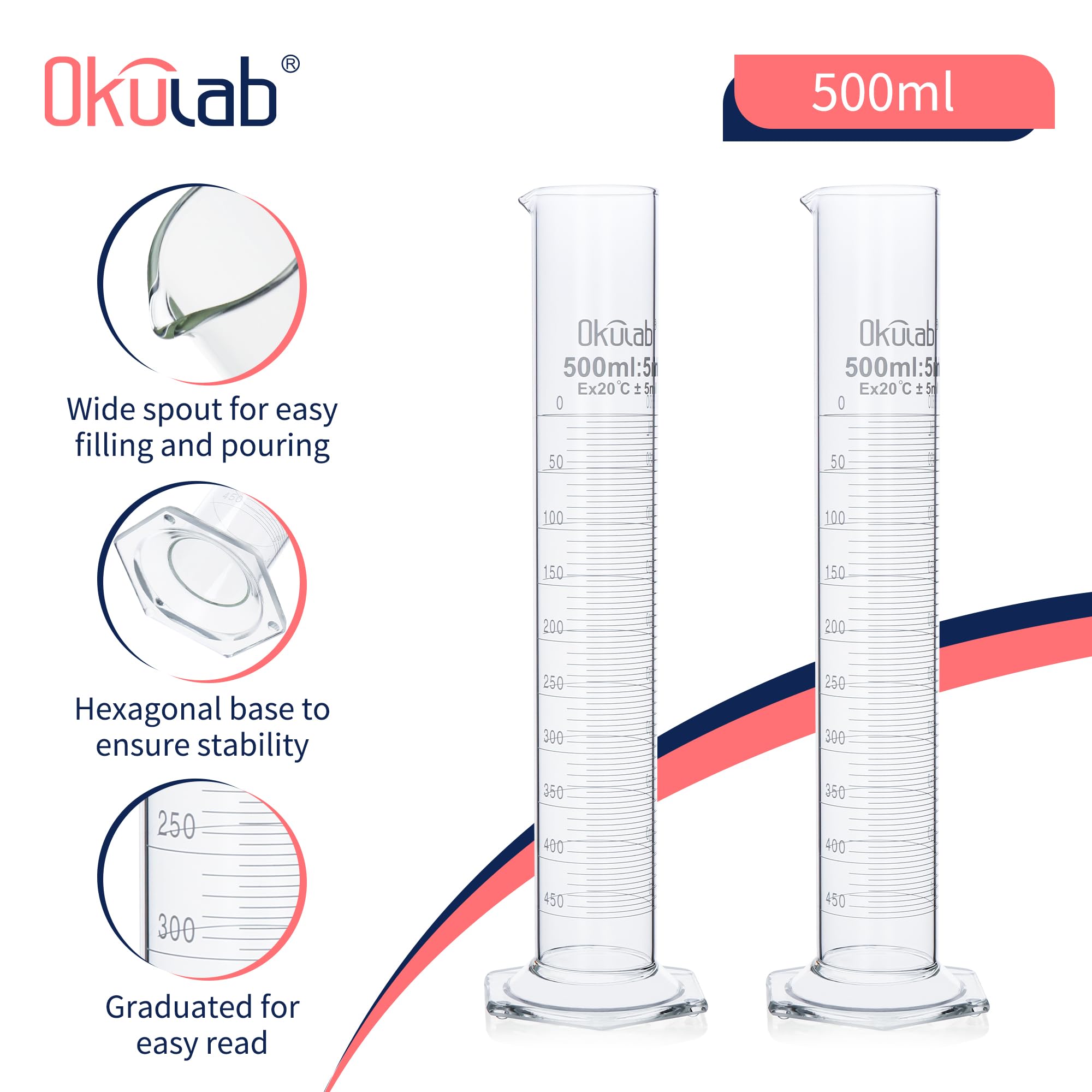 Cilindro graduato, 2 pezzi di Vol.250ml, Cilindro in vetro borosilicato 3.3, cilindri di laboratorio Cilindro di misurazione in vetro, MCG250A2