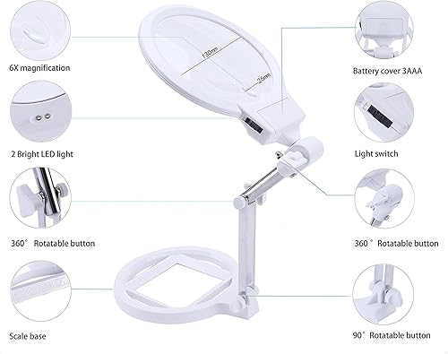 Miniatura 6 de Lupa grande plegable y portátil con 2 luces LED lente de 55 pulgadas la mejor lupa manos libres para lectura y diseño de joyas etc
