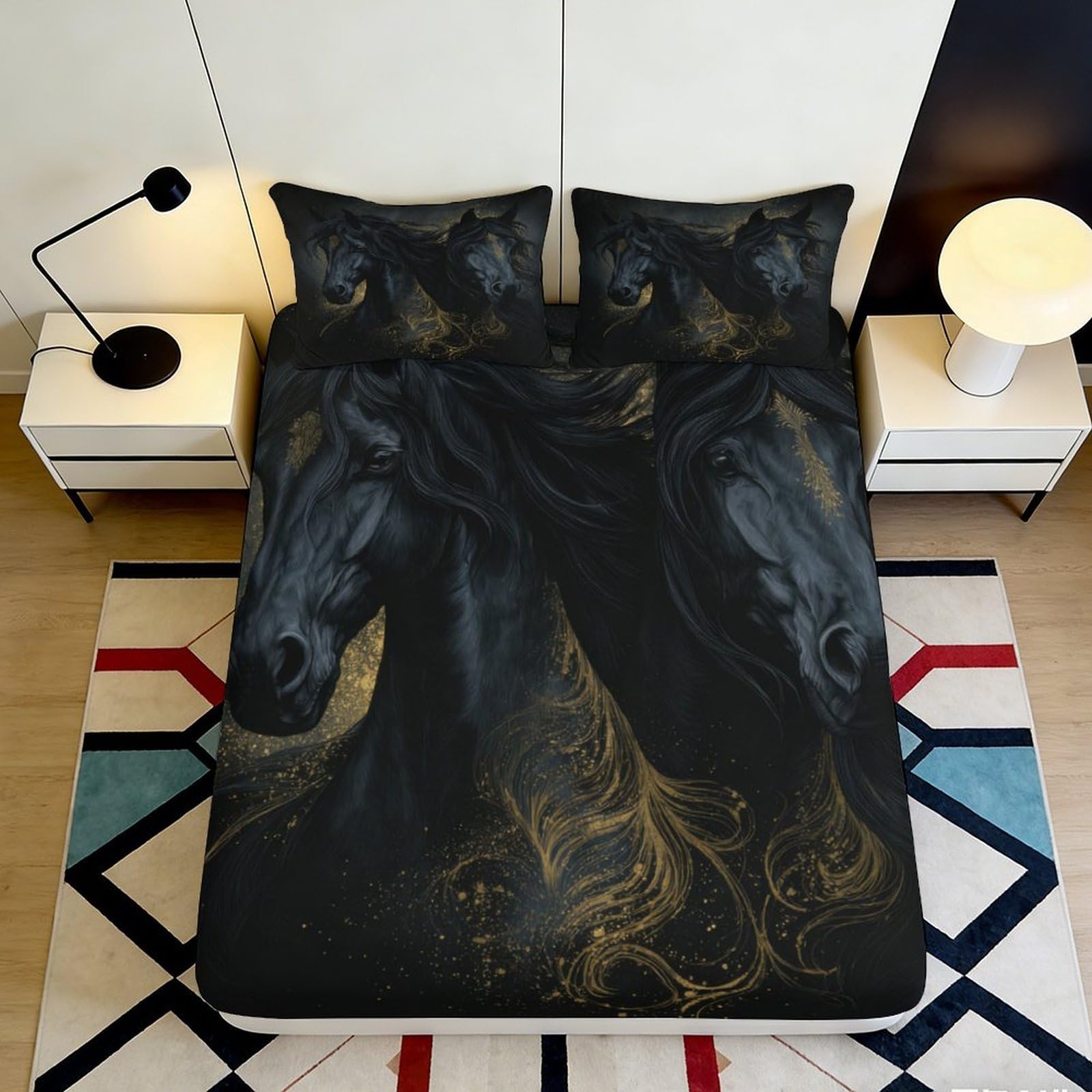 Pnayamiorkfel Style-7 3D Printed Black Horse Fitted Sheet Microfiber Non-Slip Bed Cover Gold Pattern For Bedroom Dorm Guest Room Decor 90X200x25cm