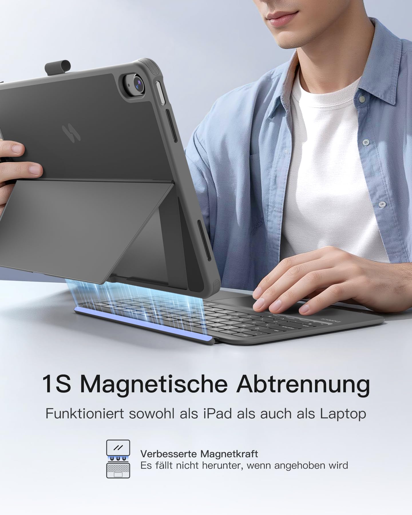 Inateck Hülle mit Tastatur für iPad 11 A16 2025 11 Zoll, iPad 10. Gen 2022 10,9 Zoll, 5,1" Vollflächen-Touchpad,Vertikaler/Horizontaler Ständer,Abnehmbar,mit Stifthalter,QWERTZ,Schwarz,AceTouch Pro