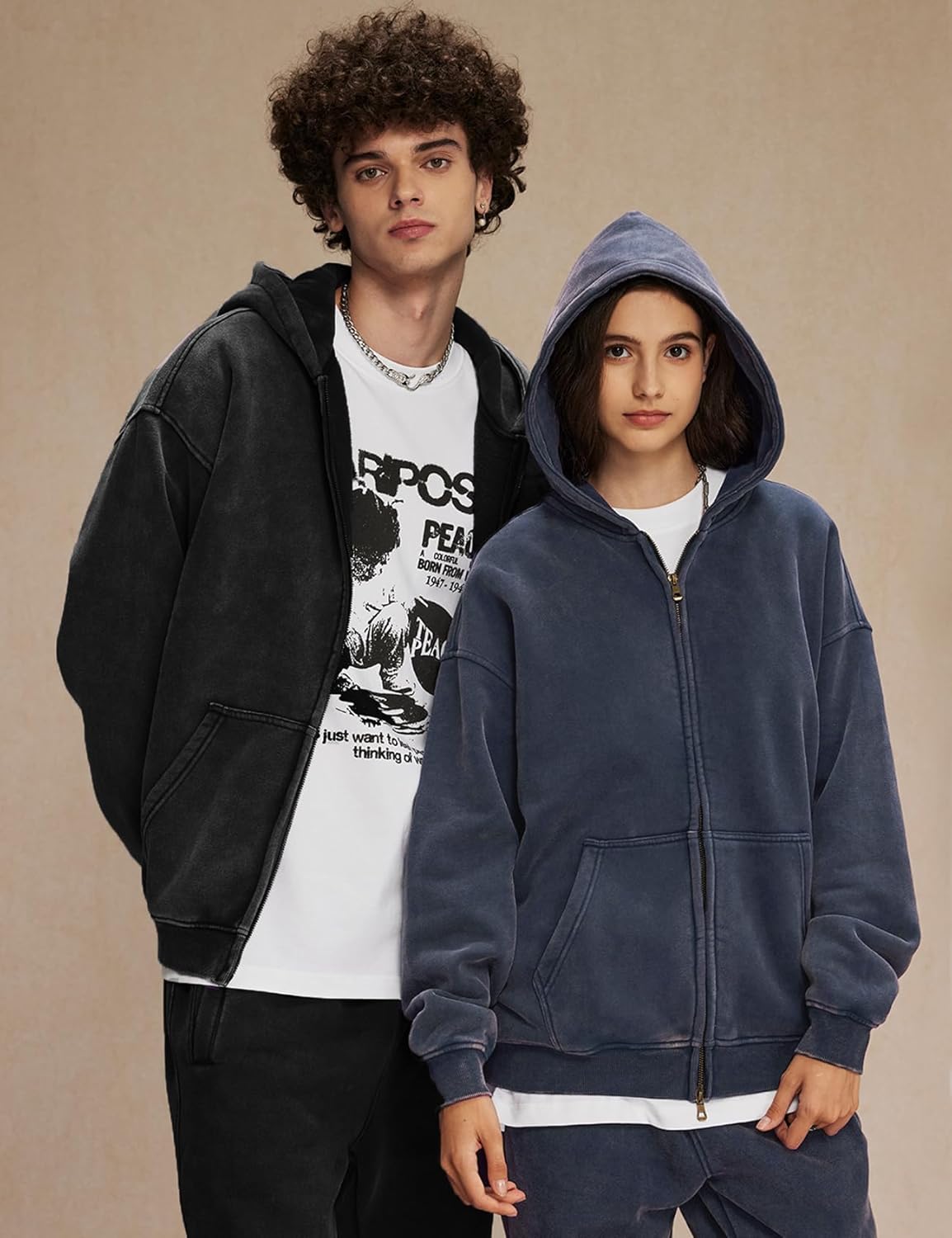 Wyeysyt Women Zip Up Hoodie Oversized Acid Wash Vintage Fleece Sweatshirt Heavyweight Cotton Casual Jackets(Black-L) - Image 3