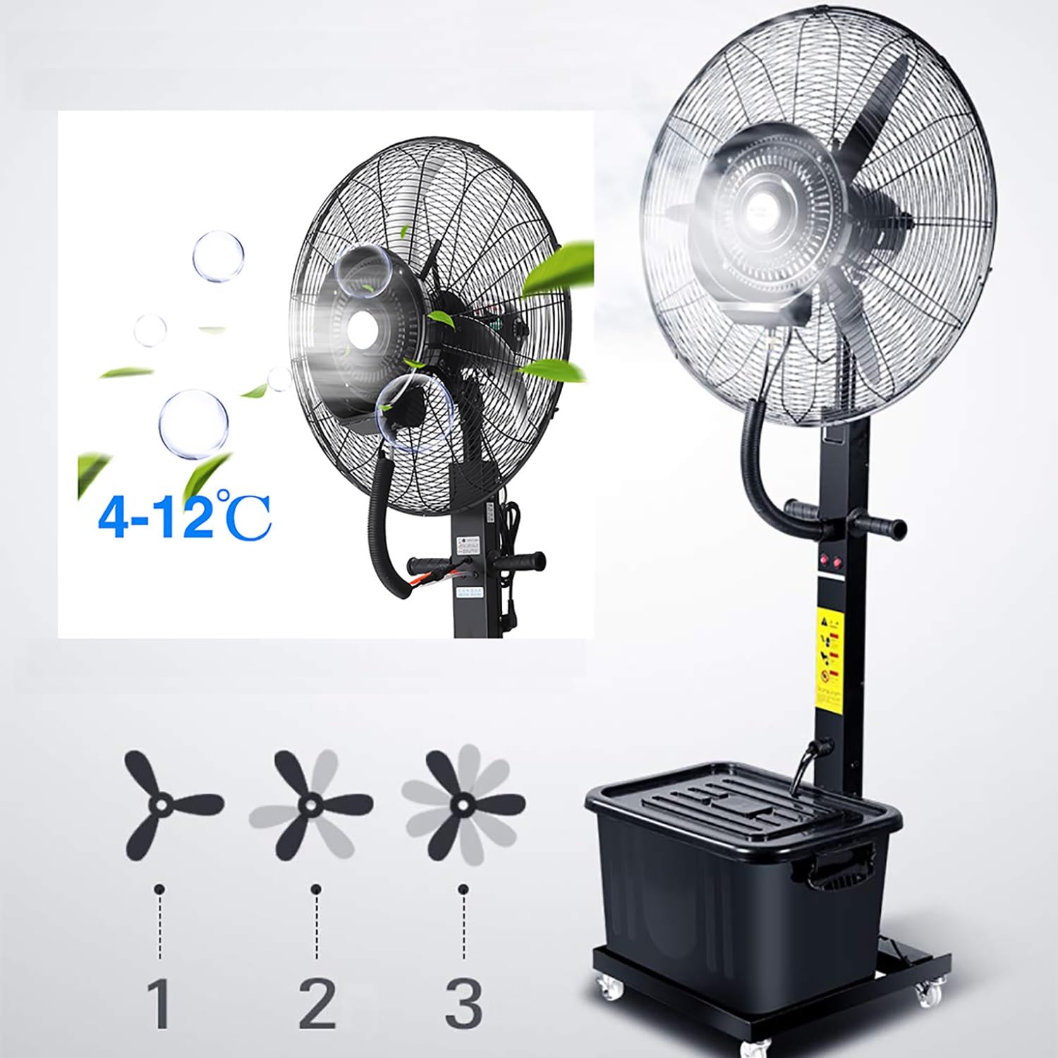 Ventilatore nebulizzatore da esterno, ventilatore a piantana oscillante professionale con 3 velocità per giardino e patio(650mm (26in),Adjustable)