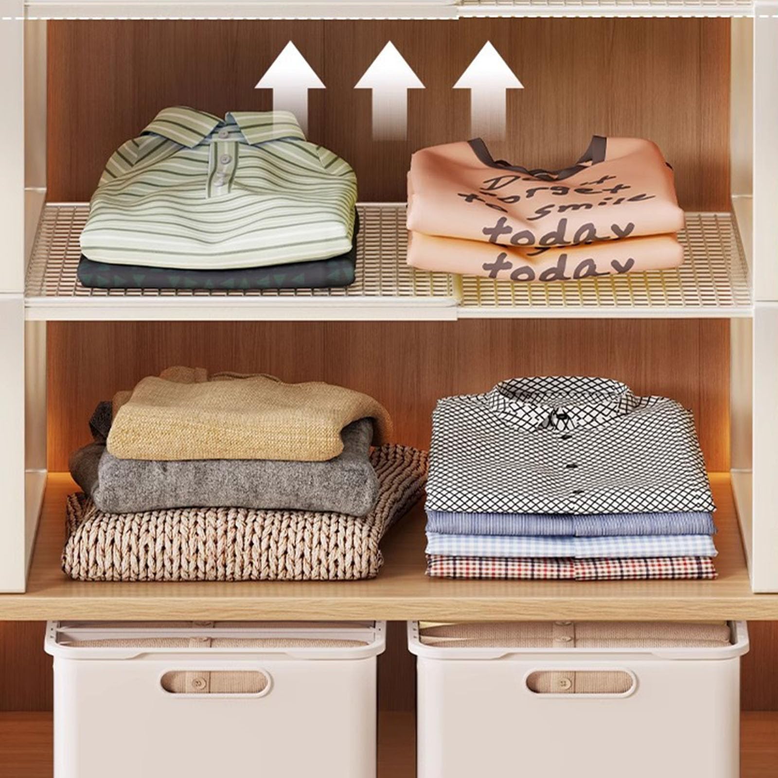 Estantes de armario de metal de montaje rápido, sistemas de almacenamiento de altura ajustable para organización de ropa y accesorios, divisor de estante antideslizante