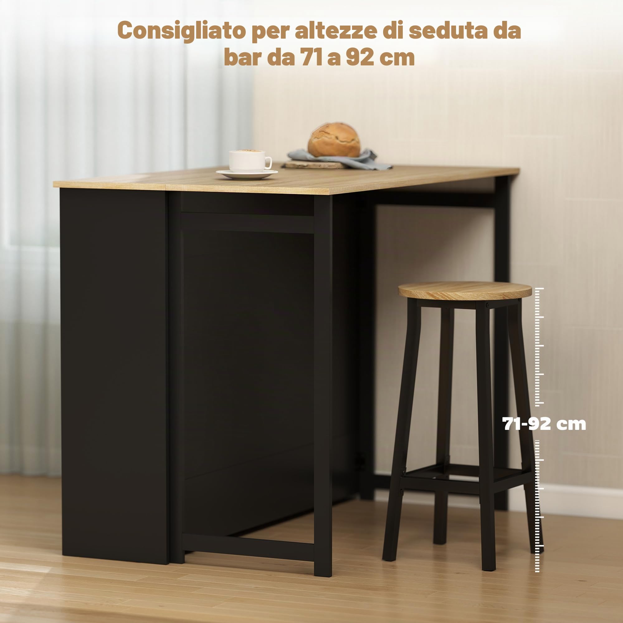 HOMCOM Tavolo da bar estensibile con ribalta 116 x 79,6 x 90,5 cm Nero