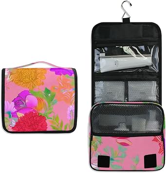 Colorful Flowers Lush Travel Toiletry Bag with Hanging Hook Foldable Makeup Bag Waterproof Cosmetic Bag for Cruise Shower Bathroom