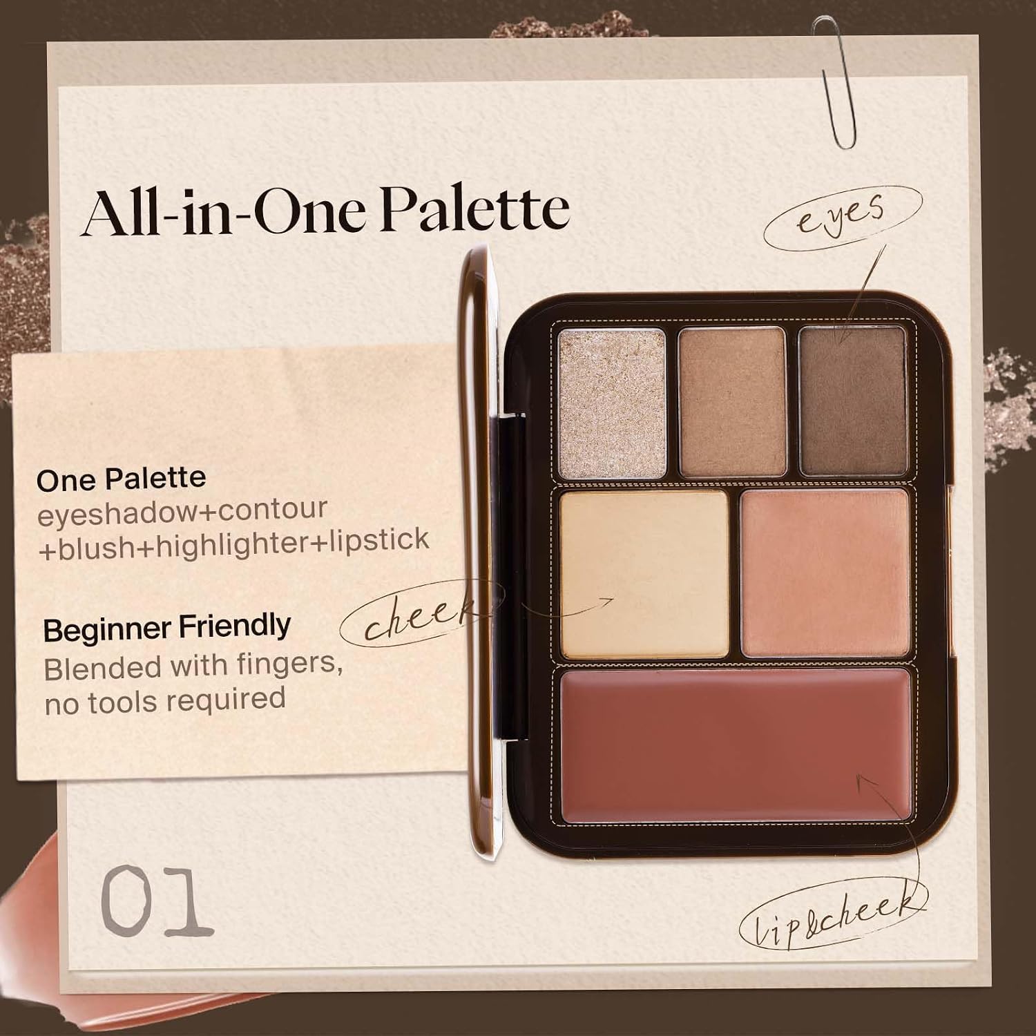 JOOCYEE 6 Color Multi-Use Face Palette, 5 in 1 Makeup Kit with Eyeshadow Blush Contour Highlighter Lip Color, Travel-Friendly Lookbook Design for Seamless Daily Glow - Warm Brown Look