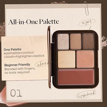 JOOCYEE 6 Color Multi-Use Face Palette, 5 in 1 Makeup Kit with Eyeshadow Blush Contour Highlighter Lip Color, Travel-Friendly Lookbook Design for Seamless Daily Glow - Warm Brown Look