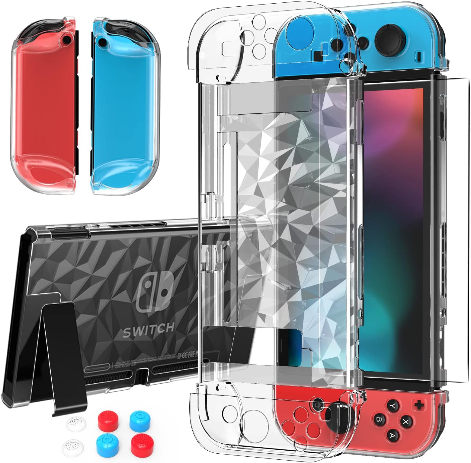 HEYSTOP Case Compatible with Nintendo Switch Dockable Clear Protective Case Cover Compatible with Nintendo Switch and Controller with a Switch Tempered Glass Screen Protector and Thumb Stick Caps