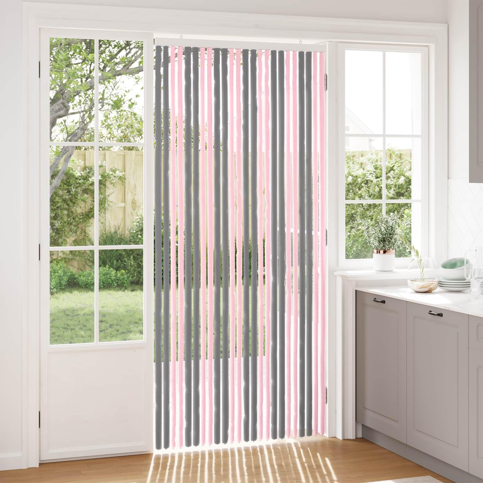 Rideau anti-insectes chenille gris argenté et rose 100 x 220 cm